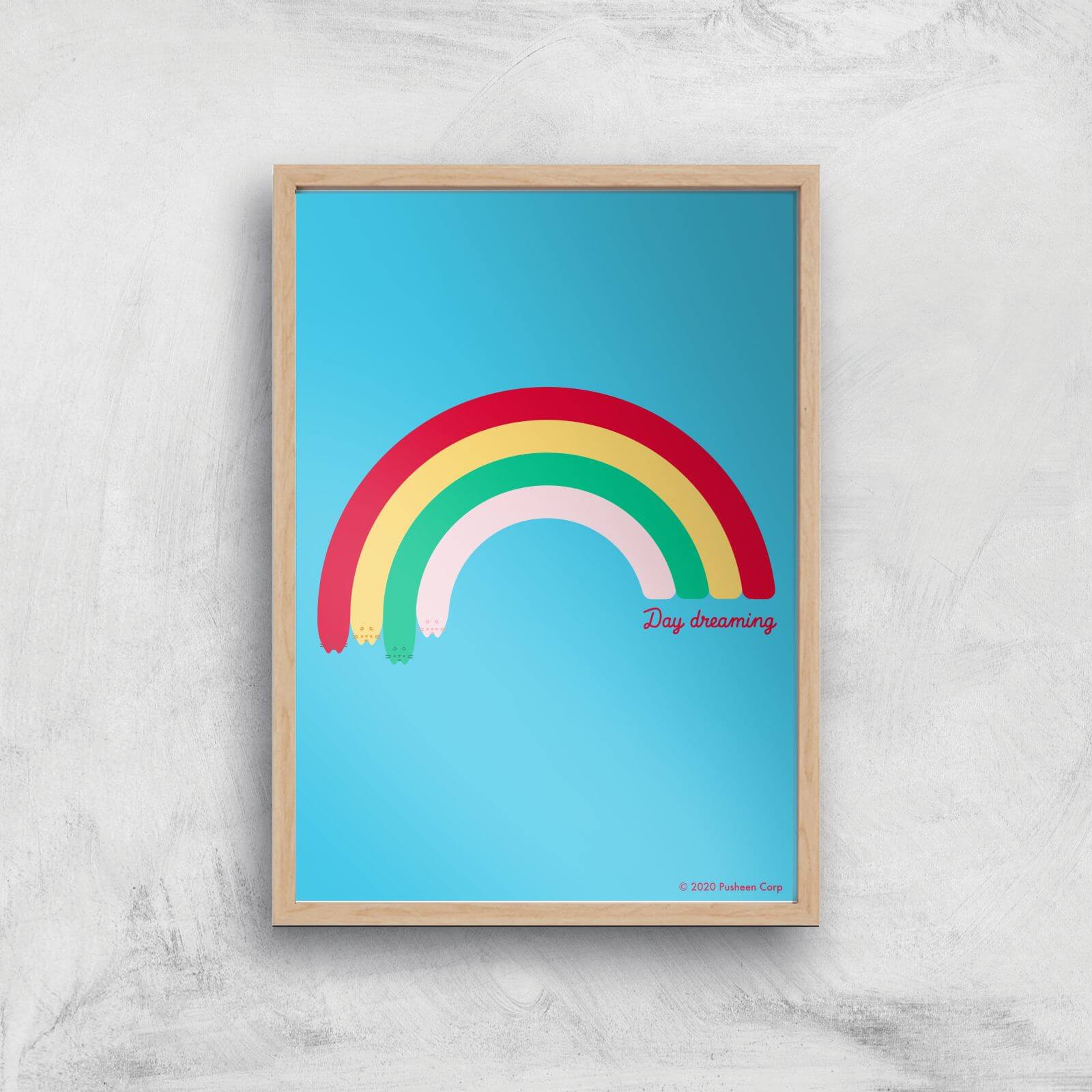 Pusheen Large Rainbow Giclee Art Print - A4 - Wooden Frame