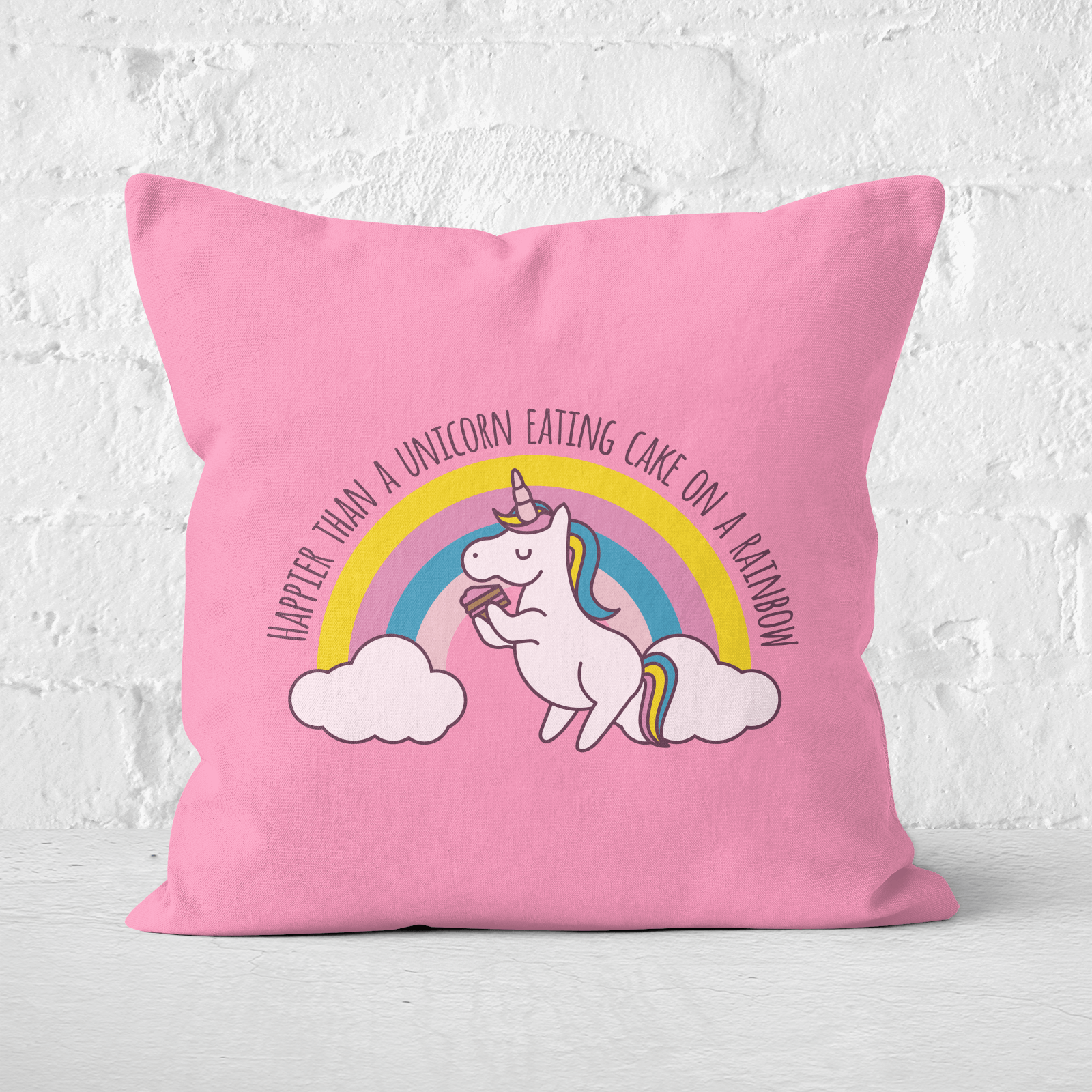 Happier Than A Unicorn Eating Cake Square Cushion - 40x40cm - Soft Touch