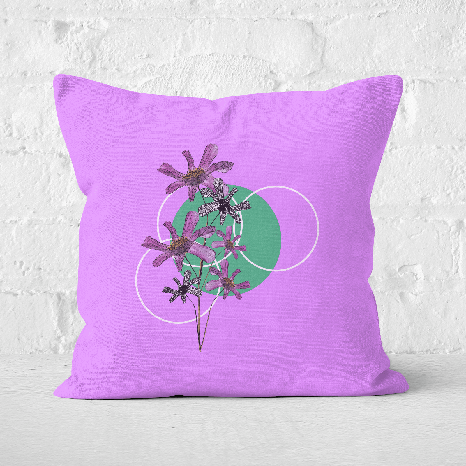 Pressed Flowers Feminine Sketch And Circle Print Square Cushion - 60x60cm - Soft Touch