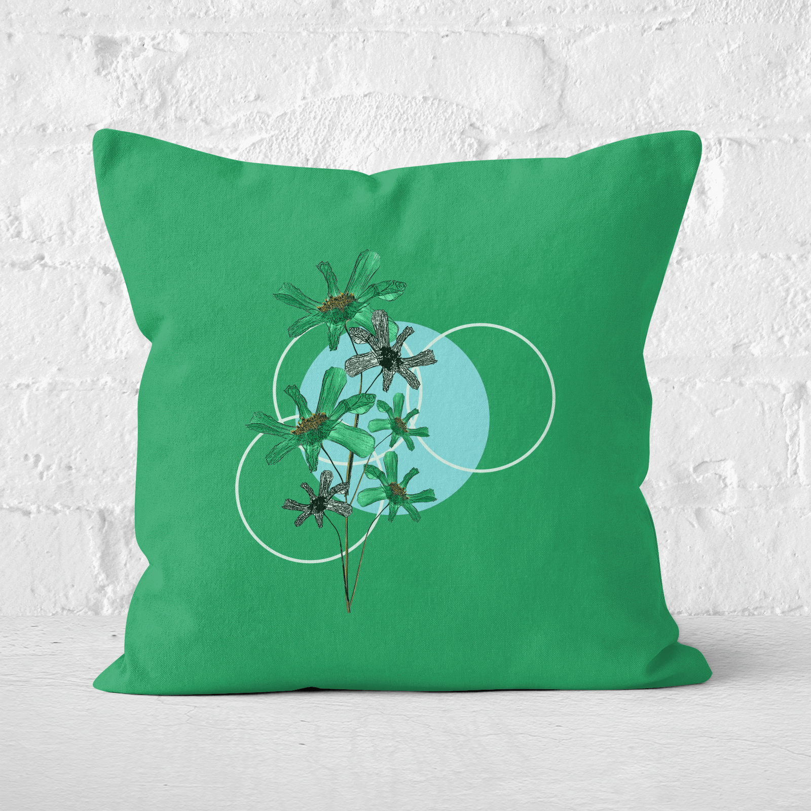 Pressed Flowers Cool Tones Flowers and Circles Square Cushion - 60x60cm - Soft Touch