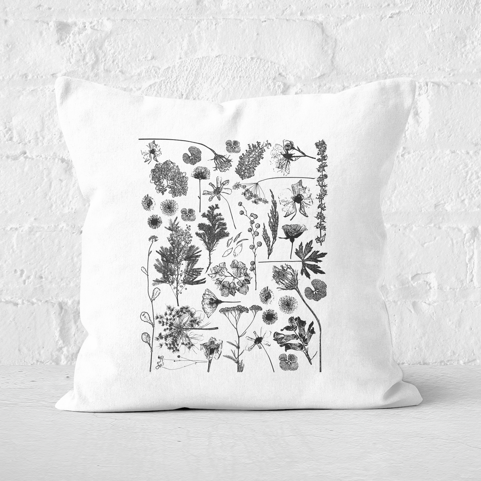 Pressed Flowers Monochrome All Over Flower Print Square Cushion - 50x50cm - Soft Touch