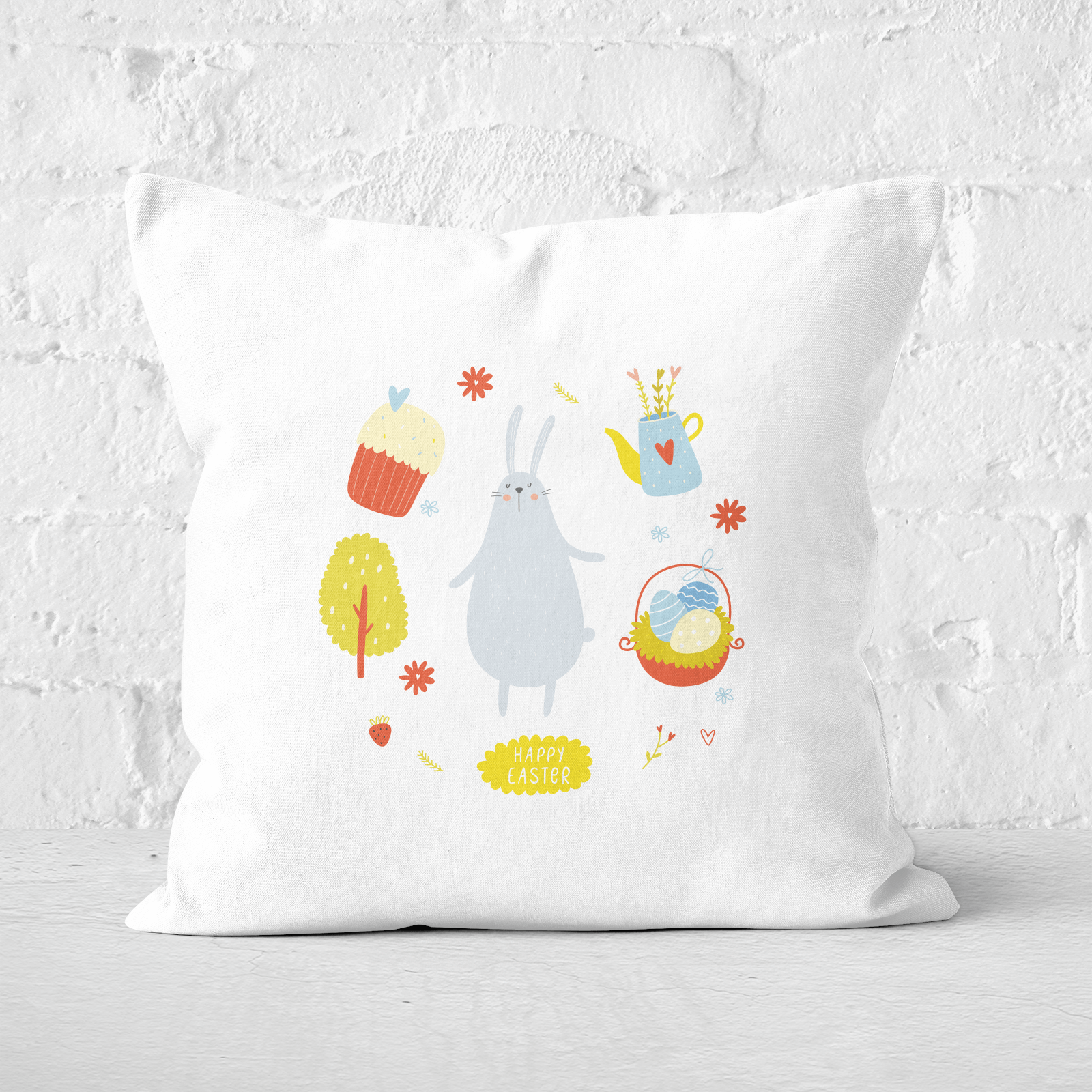 Pressed Flowers Bunny Easter Picnic Square Cushion - 60x60cm - Soft Touch