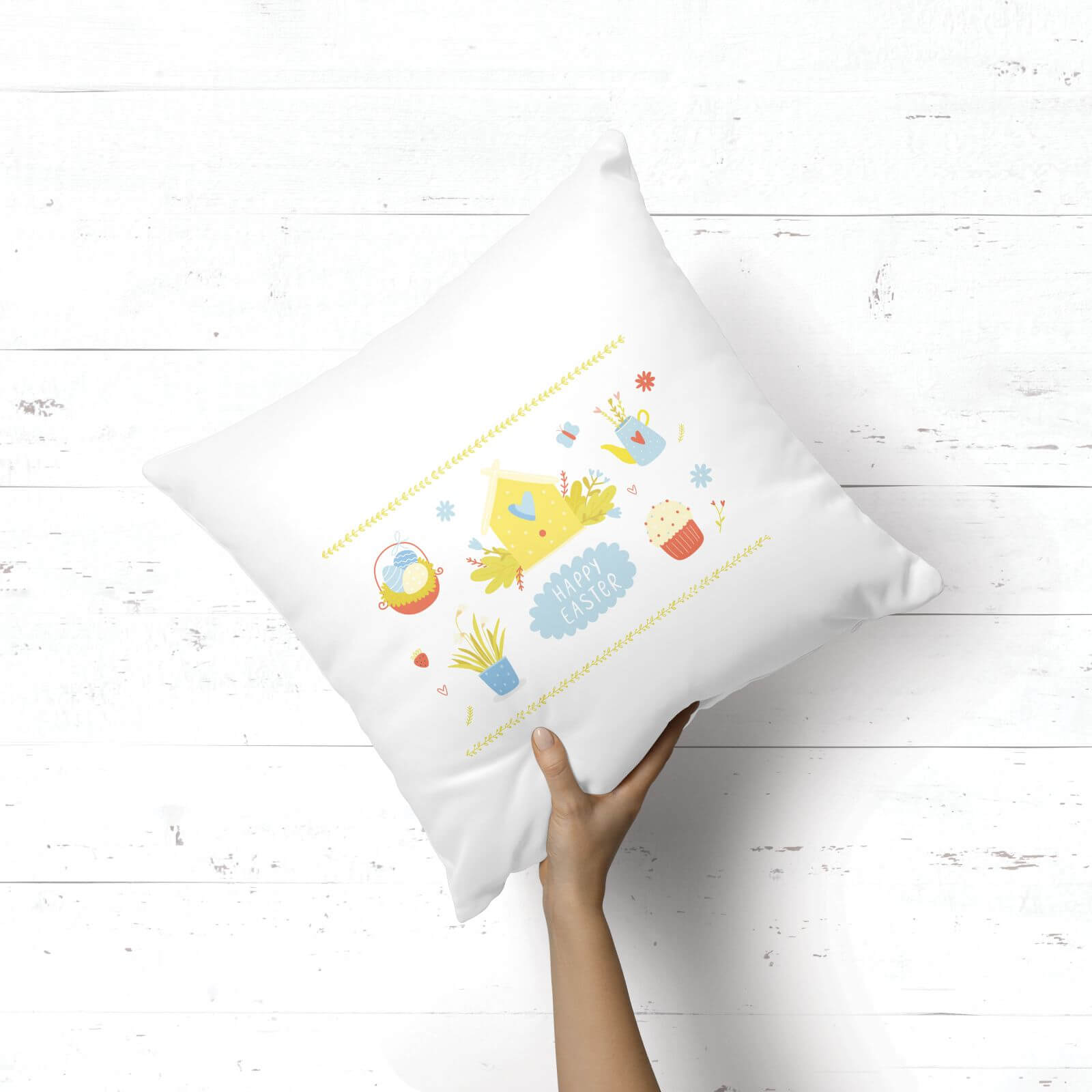 Pressed Flowers Happy Easter Bird House Square Cushion - 50x50cm - Soft Touch