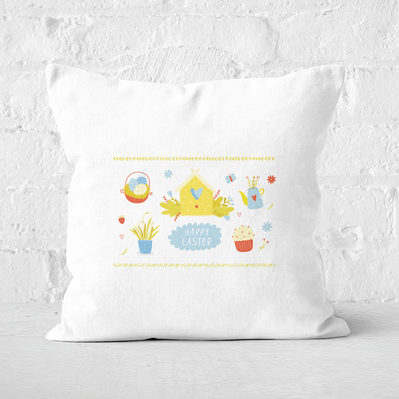 Pressed Flowers Happy Easter Bird House Square Cushion - 60x60cm - Soft Touch