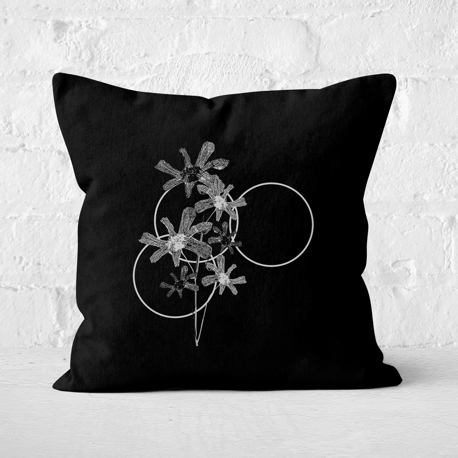 Pressed Flowers Monochrome Tone Flowers and Circles Square Cushion - 60x60cm - Soft Touch