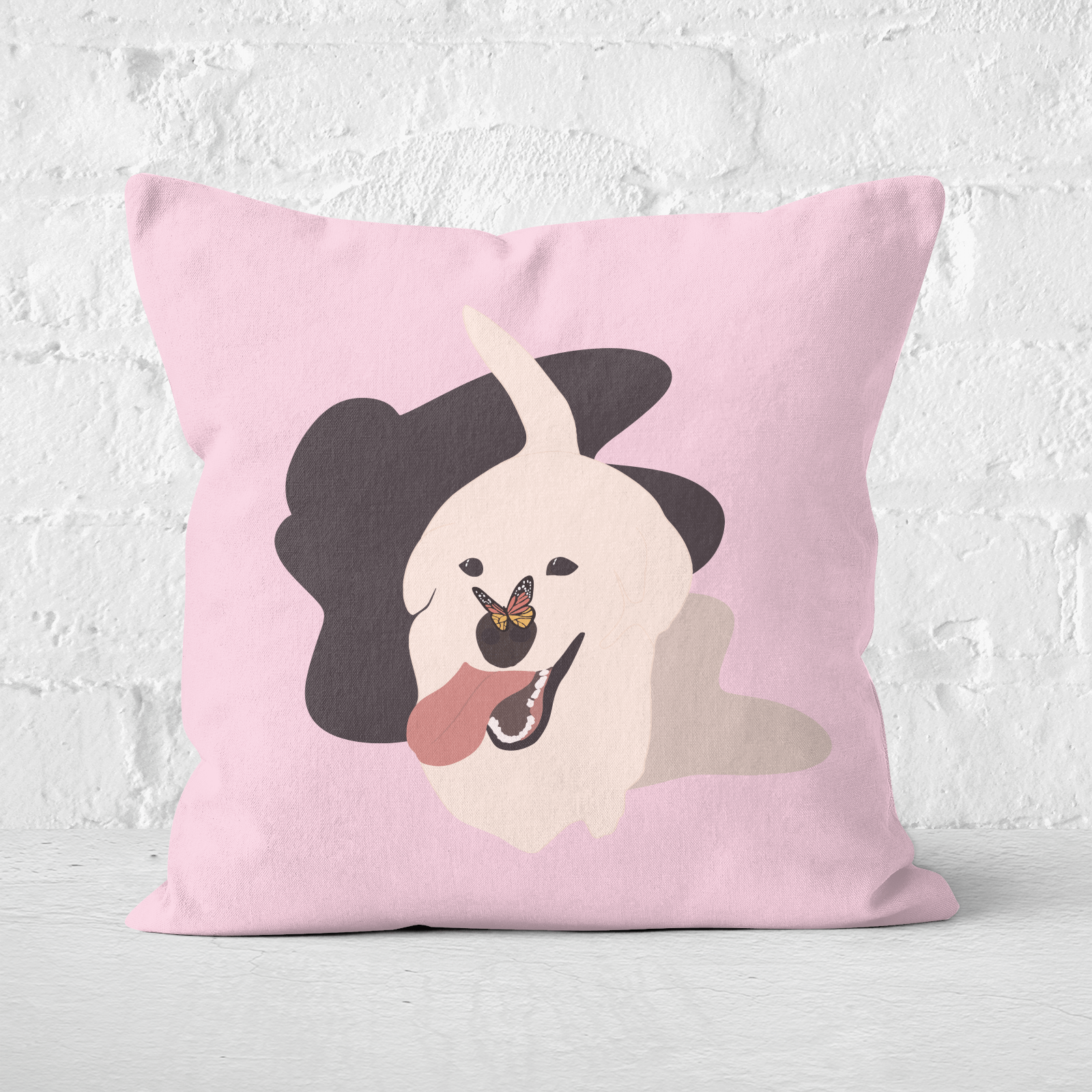 Pressed Flowers Dog With Butterfly Nose Square Cushion - 60x60cm - Soft Touch