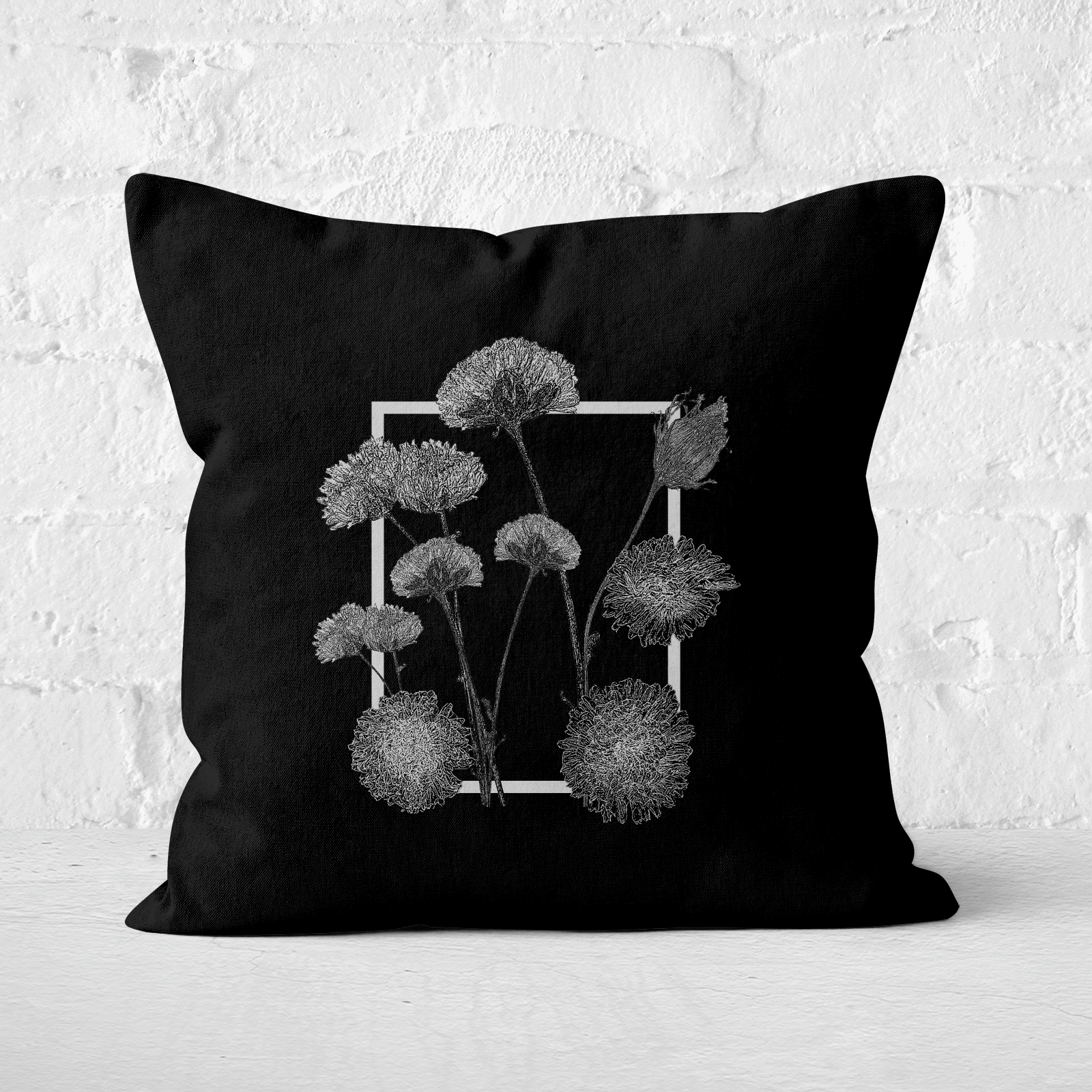 Pressed Flowers Monochrom Framed Sketched Flowers Square Cushion - 60x60cm - Soft Touch