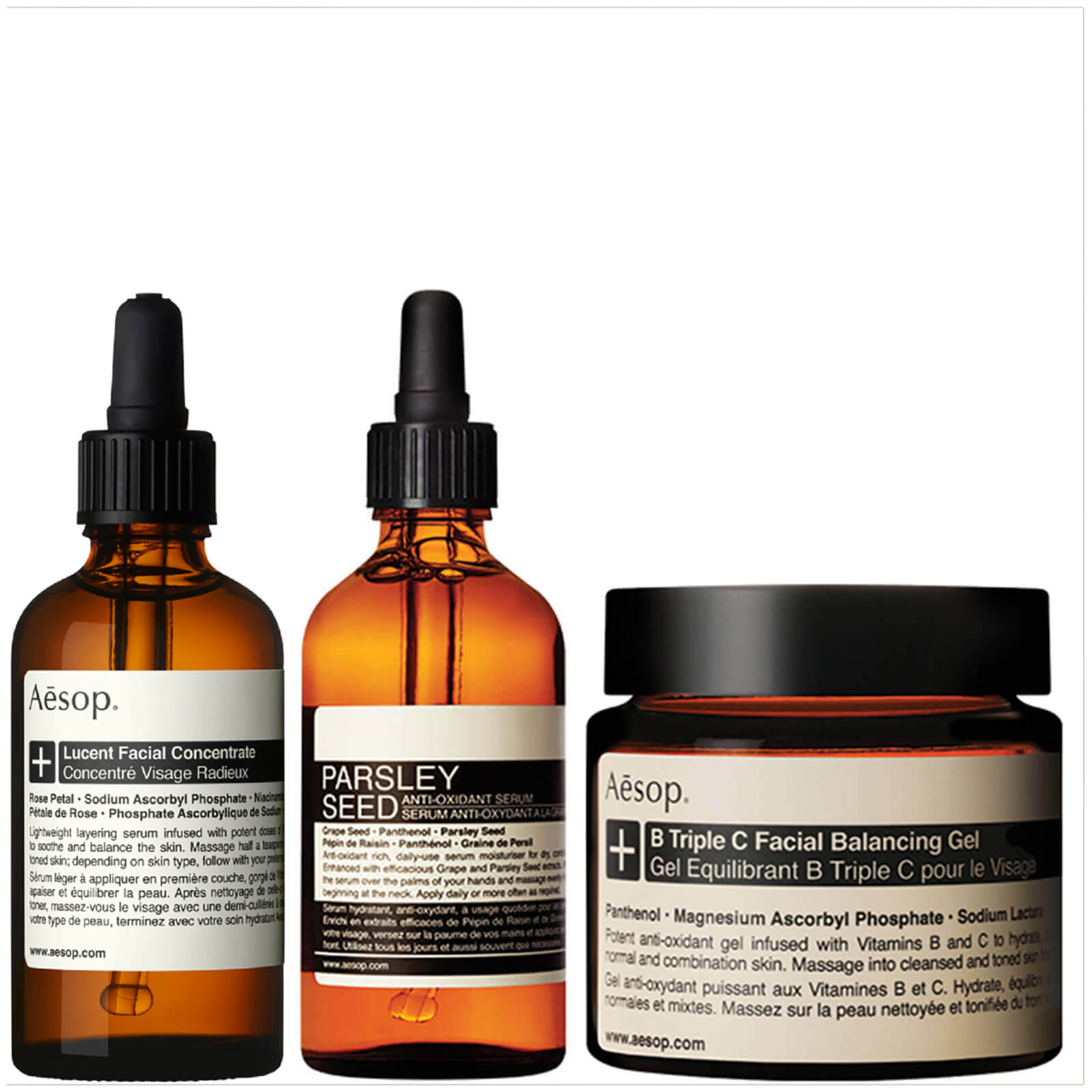 Aesop Lucent Concentrate, Triple C Balancing Gel and Parsley Seed Serum Bundle (Worth £225.00)