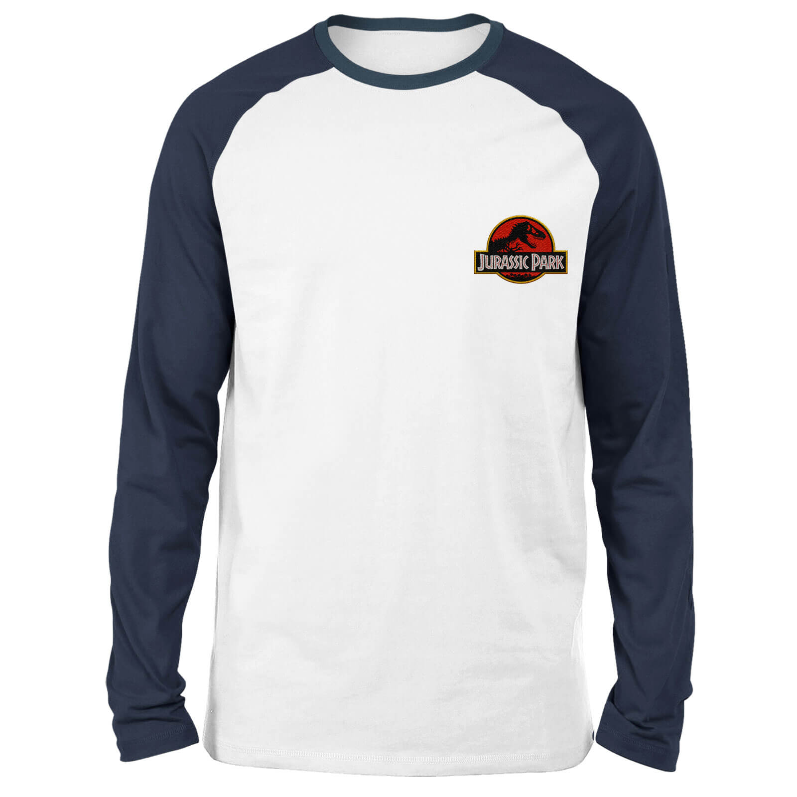 Jurassic Park Logo Embroidered Unisex Long Sleeved Raglan T-Shirt - White/Navy - S