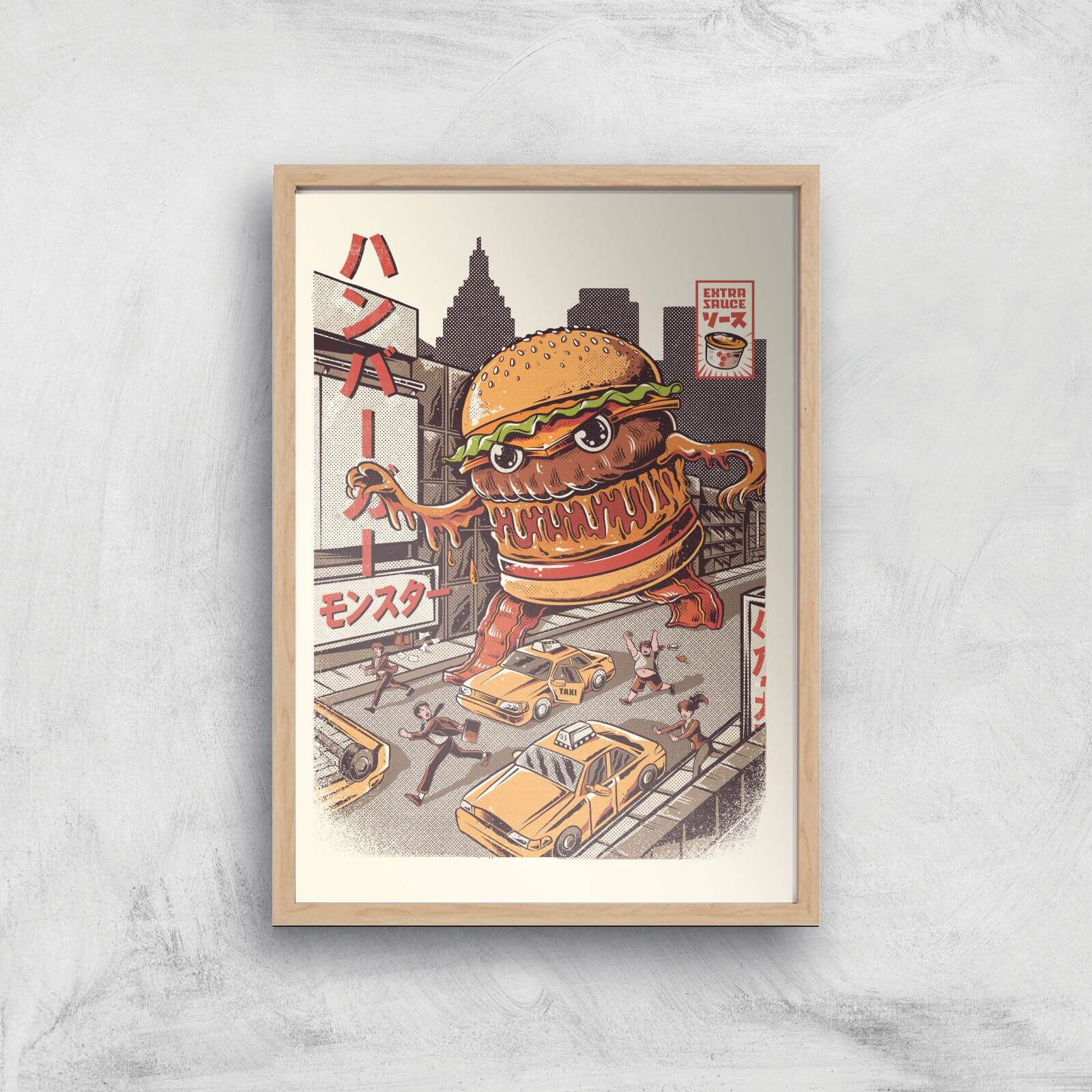 Ilustrata Burgerzilla Giclee Art Print - A4 - Wooden Frame