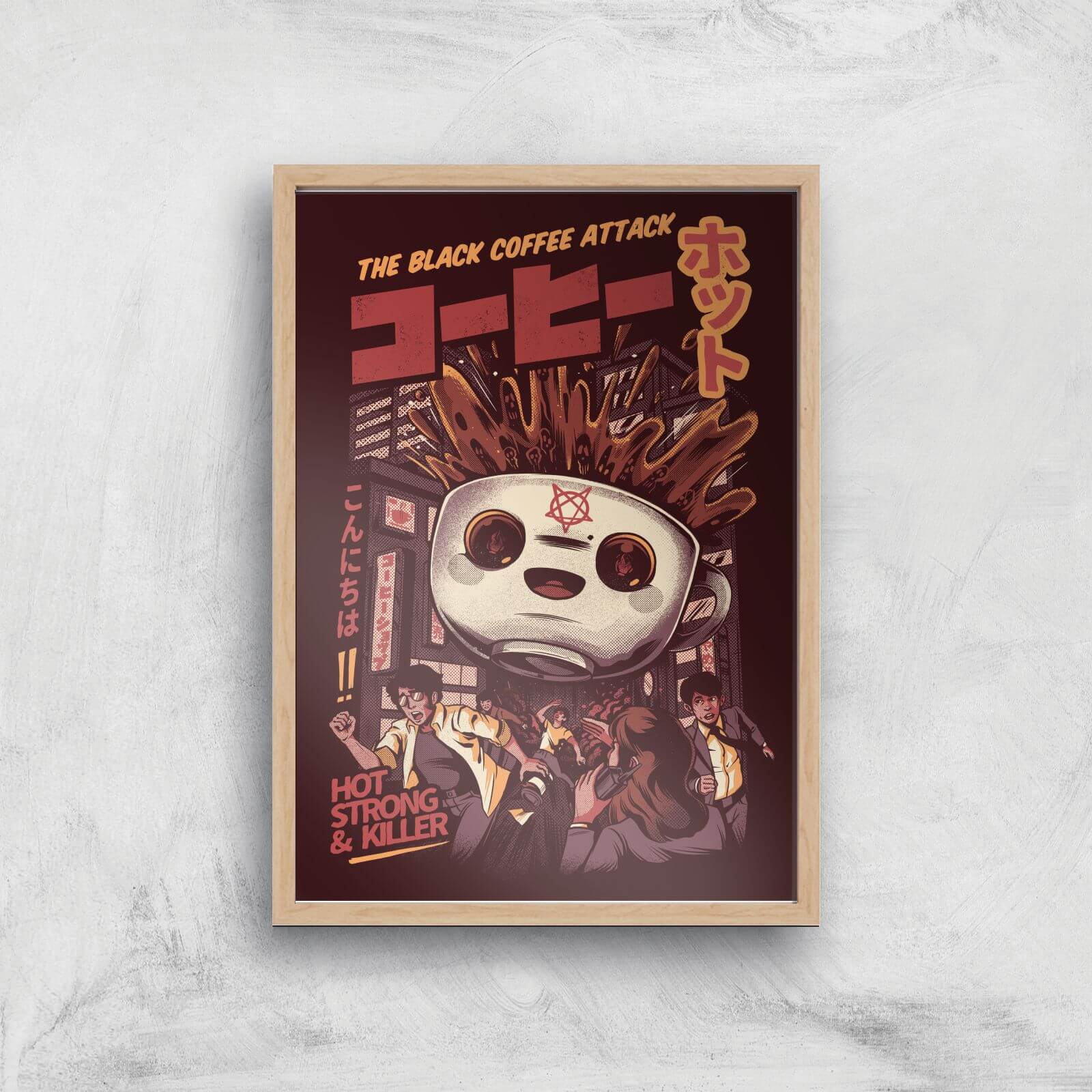 Ilustrata Black Coffee Kaiju Giclee Art Print - A4 - Wooden Frame