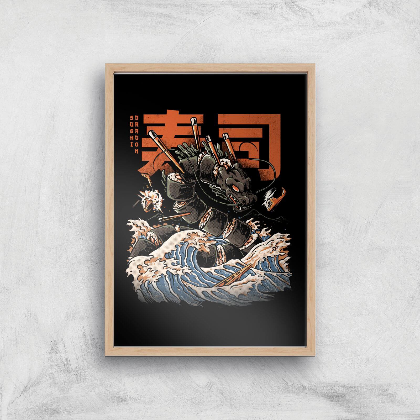Ilustrata Sushi Dragon Giclee Art Print - A4 - Wooden Frame