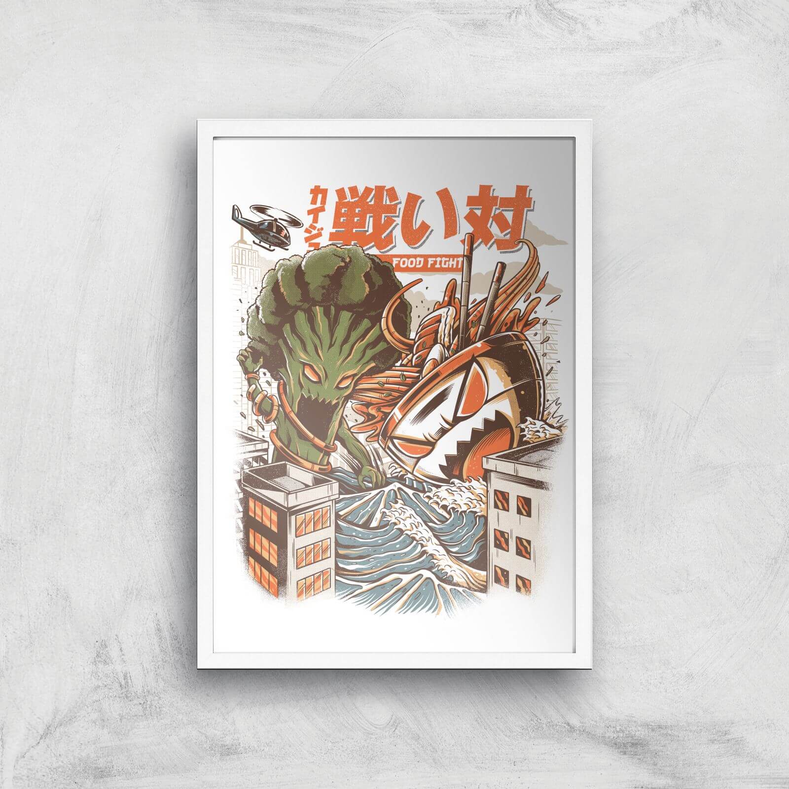 Ilustrata Brocco Vs Ramen Kaijus Giclee Art Print - A3 - White Frame