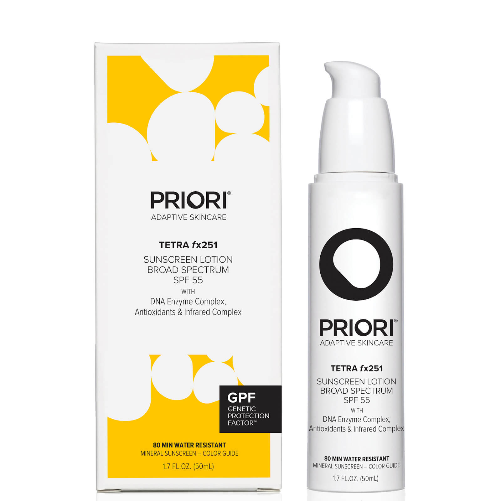 PRIORI Skincare TETRA fx251 Broad Spectrum SPF55 Sunscreen Color Guide 50ml