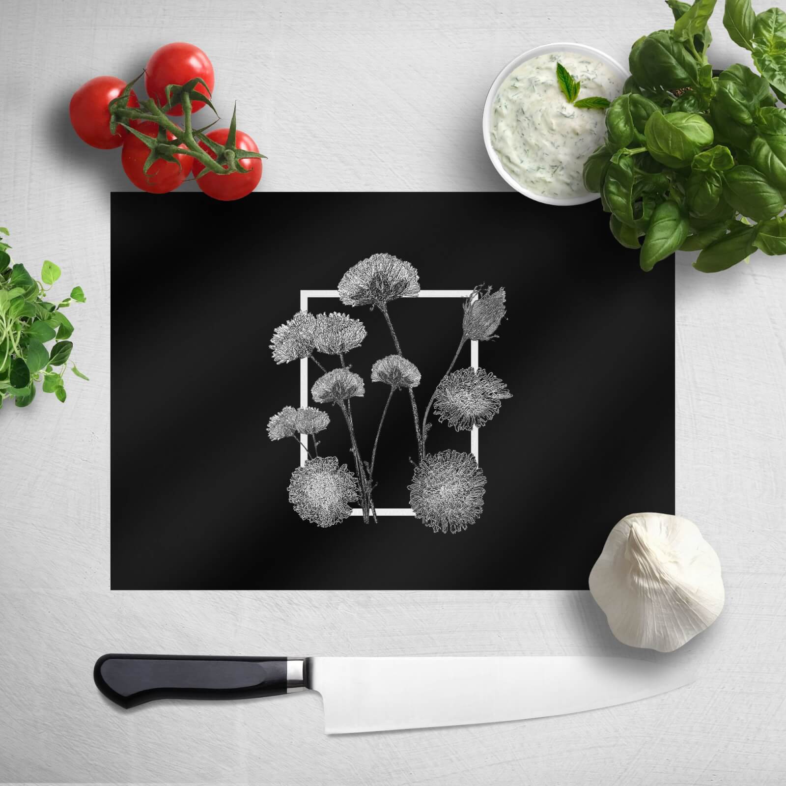 Pressed Flowers Monochrom Framed Sketched Flowers Chopping Board