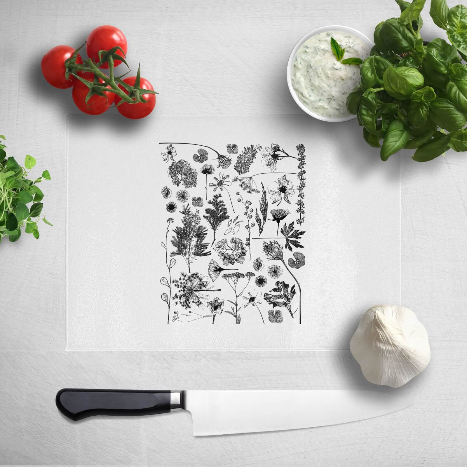 Pressed Flowers Monochrome All Over Flower Print Chopping Board