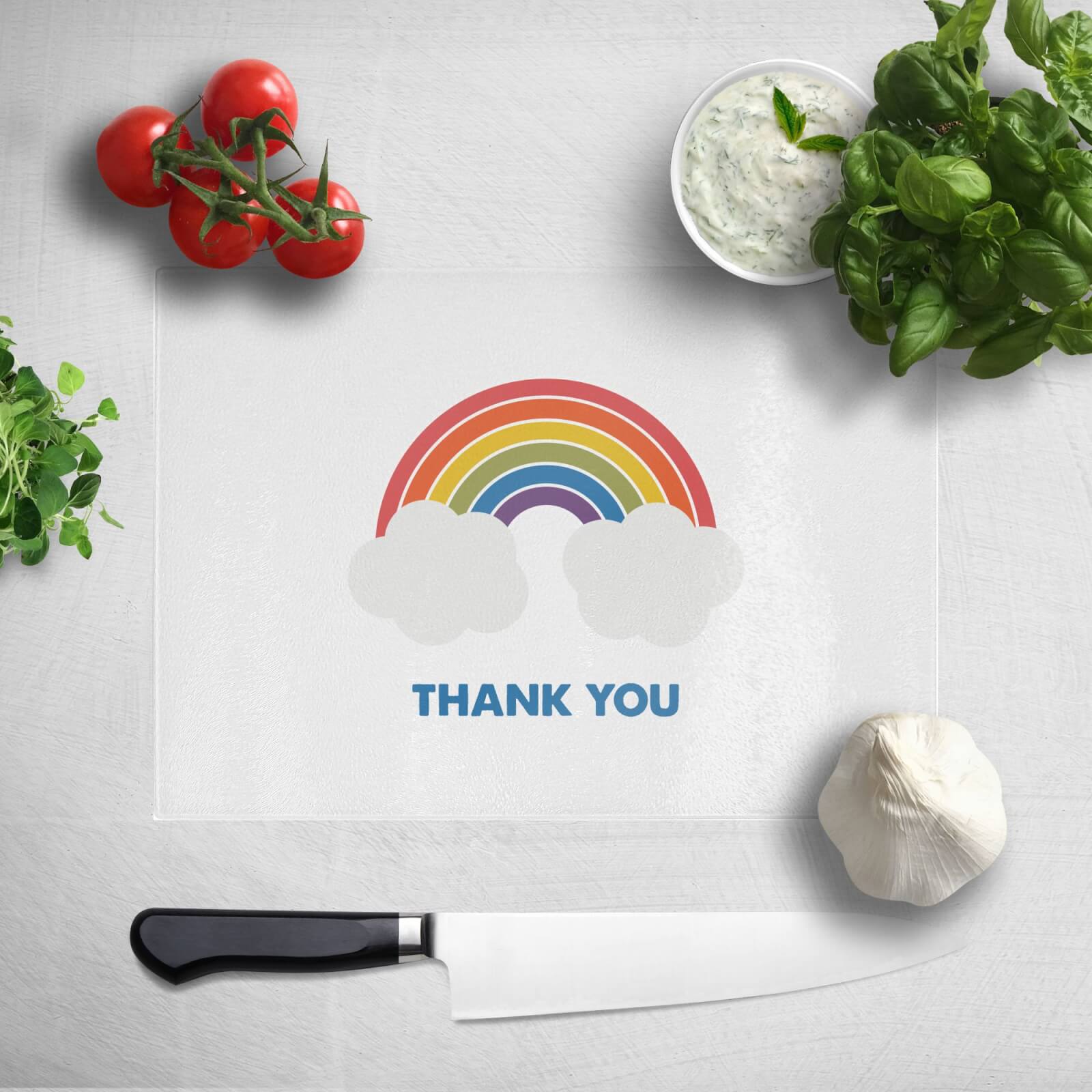 Rainbow With Clouds Thank You Chopping Board