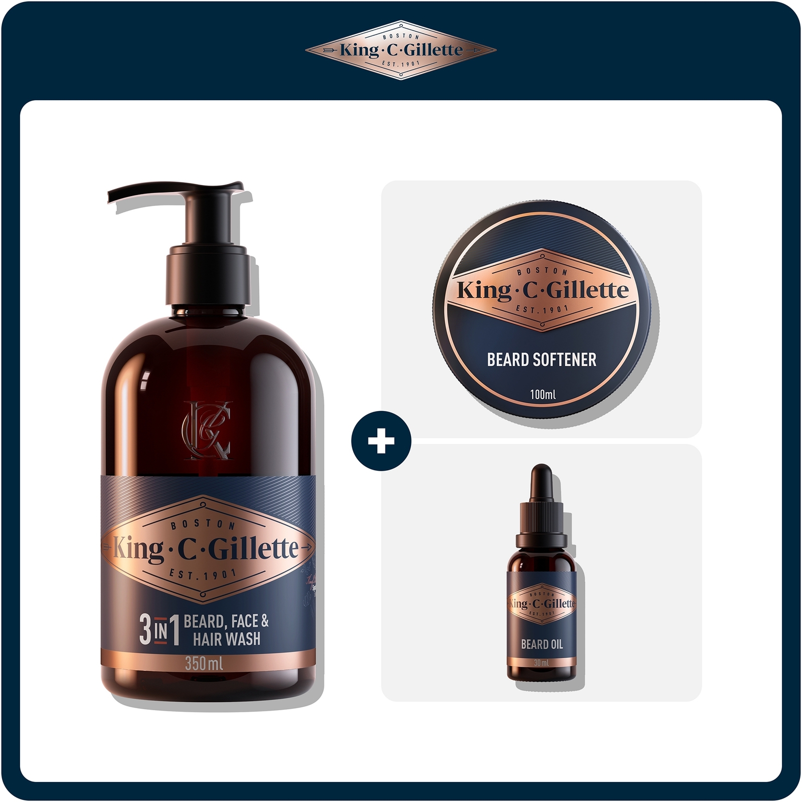 King C. Gillette Beard Care Kit with 3-in1 Beard Face & Hair Wash