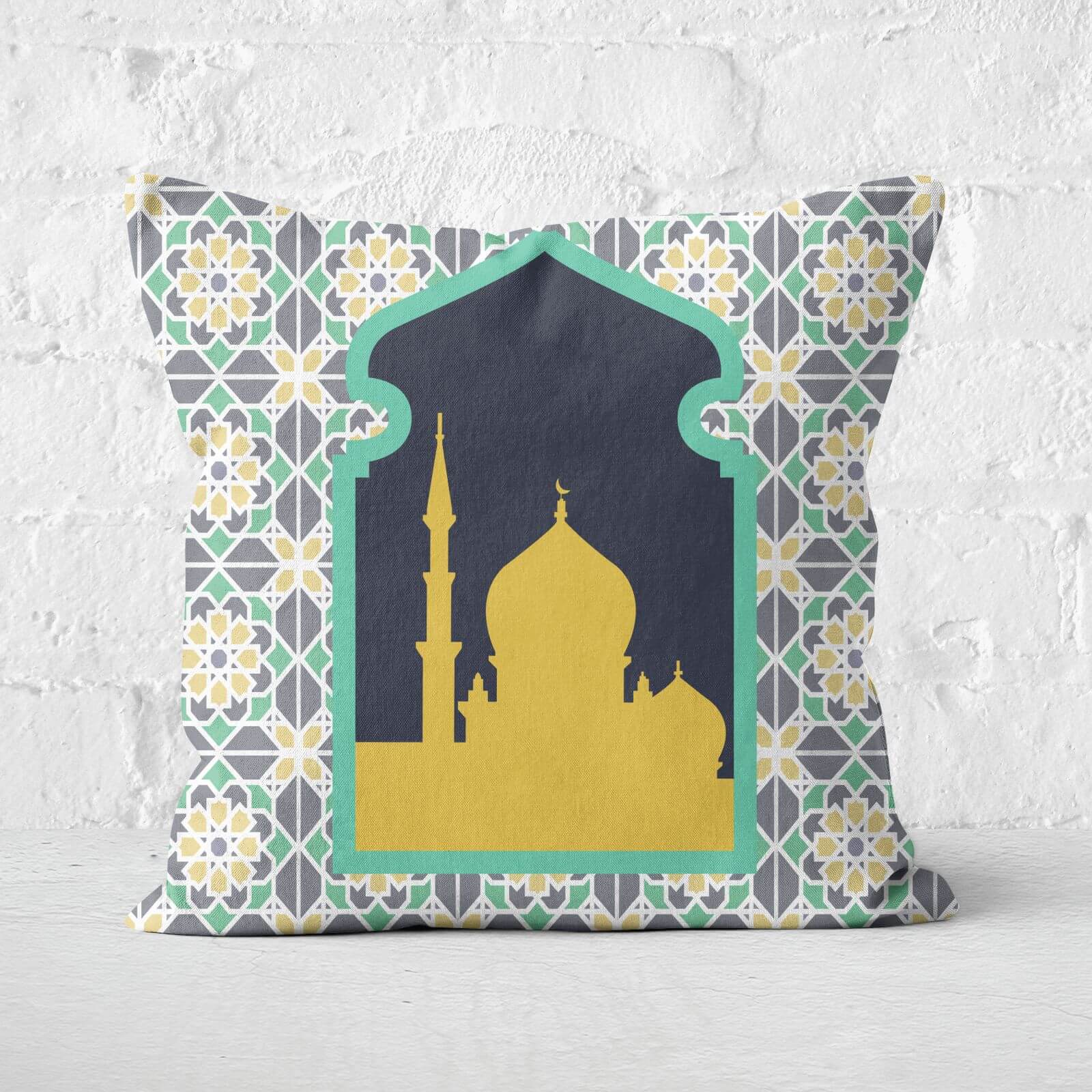 Eid Mubarak Floral Geometric Print With Window Square Cushion - 60x60cm - Soft Touch