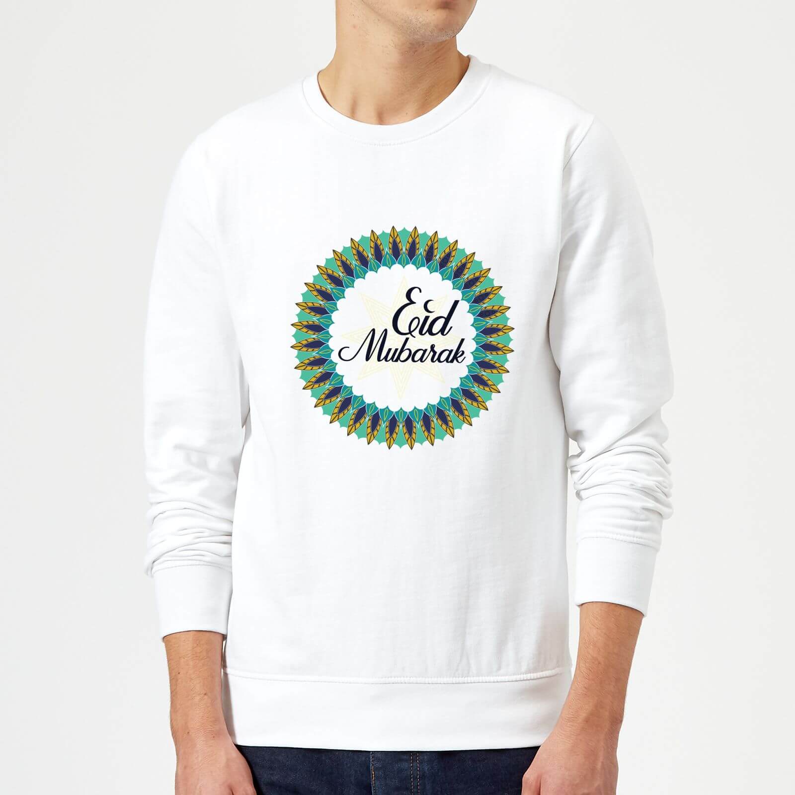 Eid Mubarak Peacock Coloured Wreath Sweatshirt - White - M - White