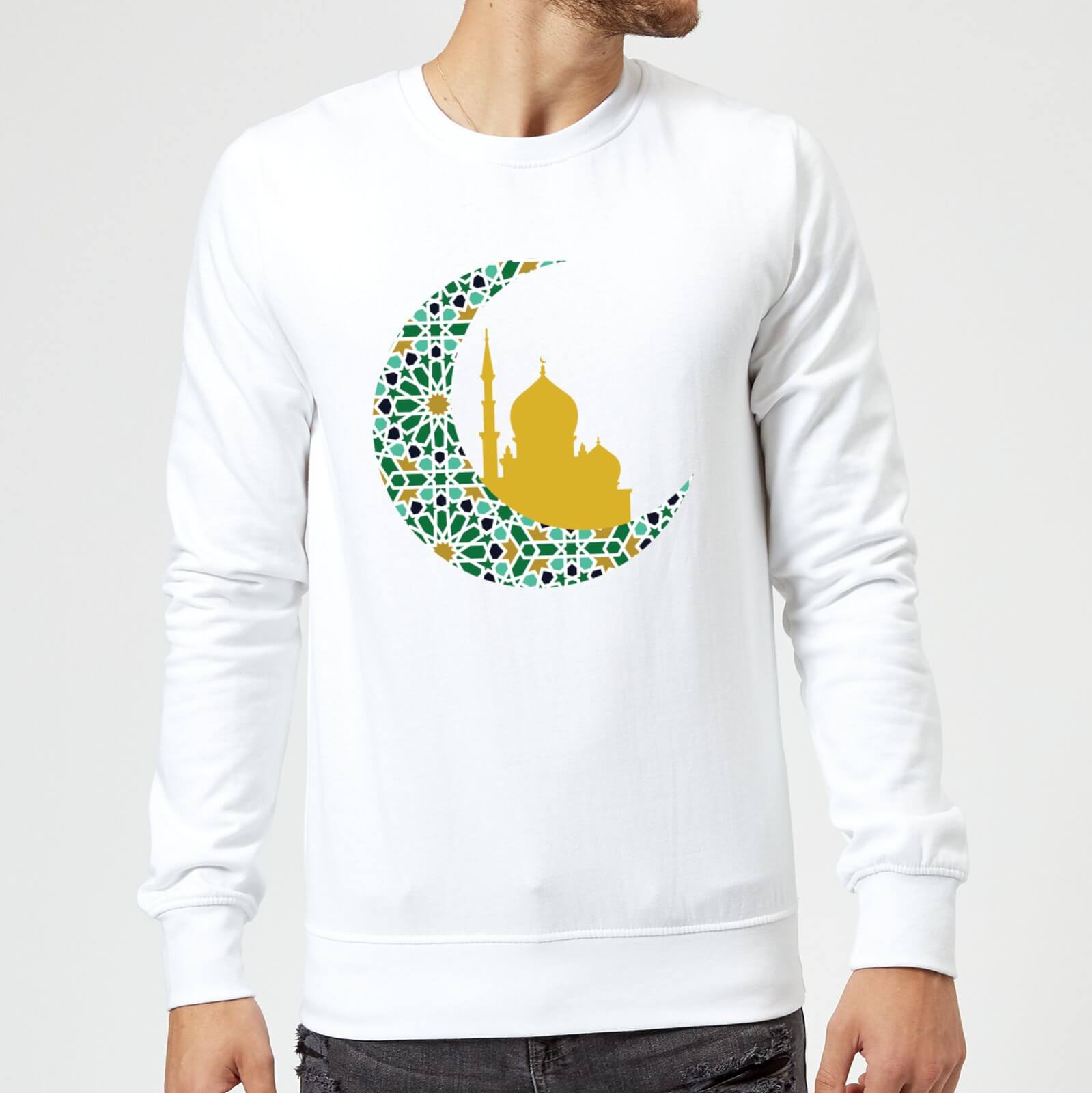 Eid Mubarak Patterned Moon And Golden Skyline Sweatshirt - White - S - White
