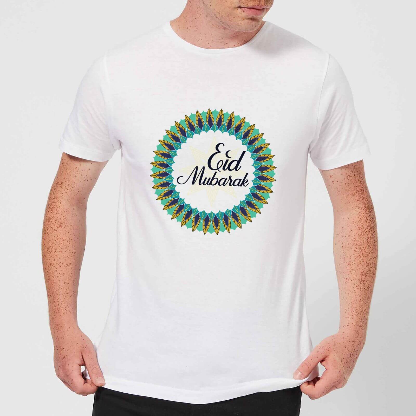 Eid Mubarak Peacock Coloured Wreath Men's T-Shirt - White - M - White