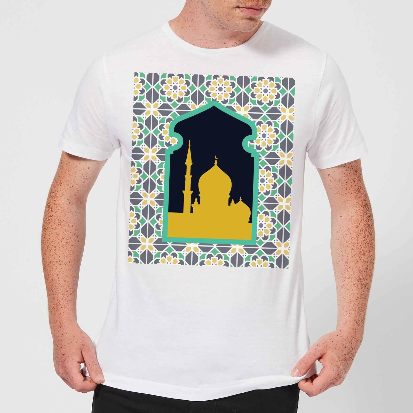 Eid Mubarak Earth Tone Print And Window Frame Men's T-Shirt - White - XL - White