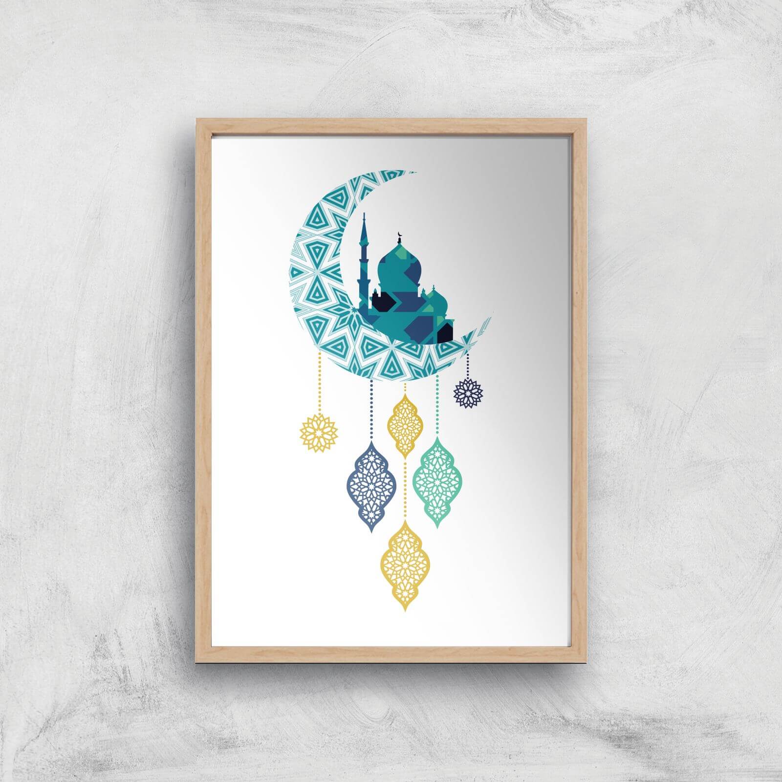 Eid Mubarak Moon Charm Giclee Art Print - A4 - Wooden Frame