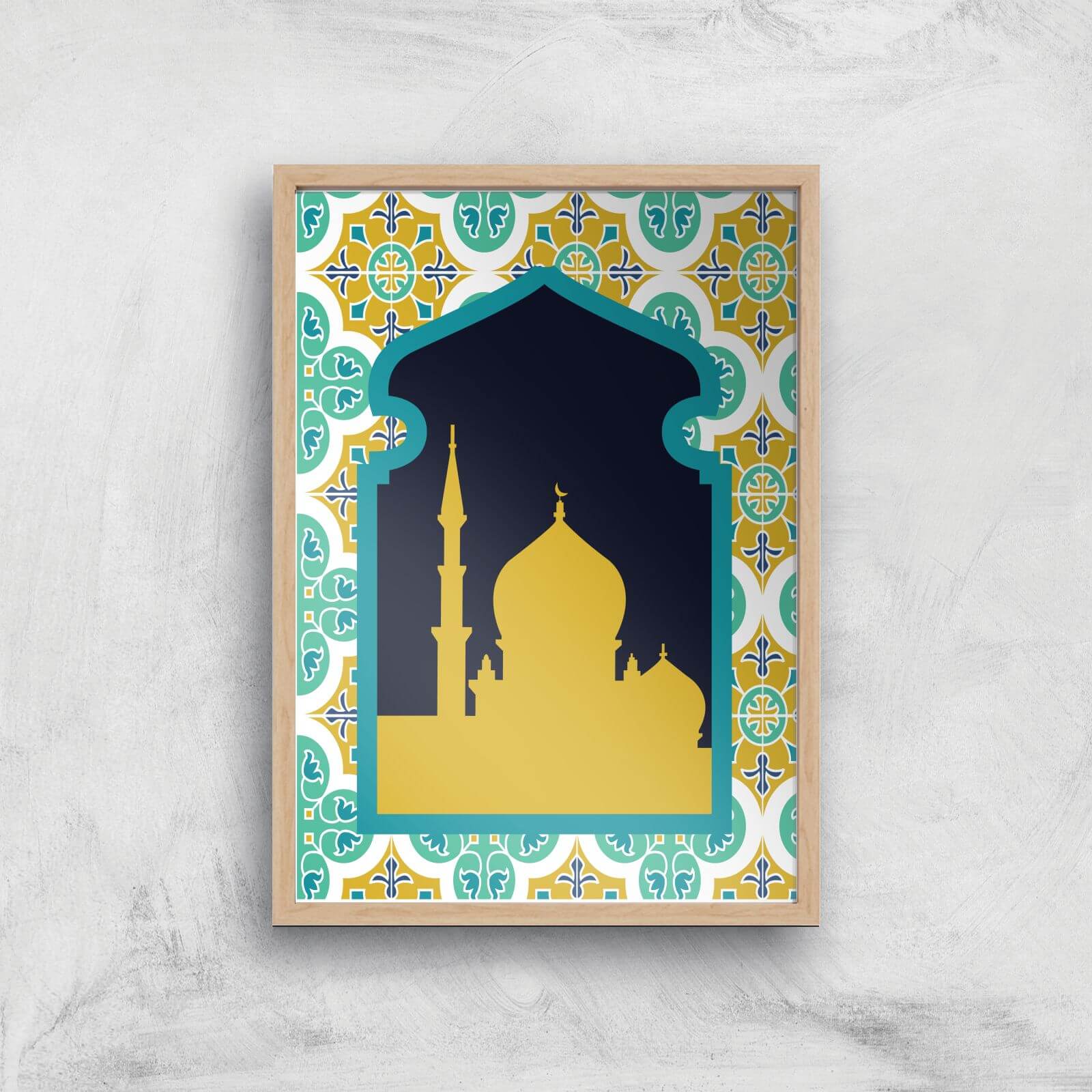 Eid Mubarak Golden Pattern With Window Giclee Art Print - A4 - Wooden Frame