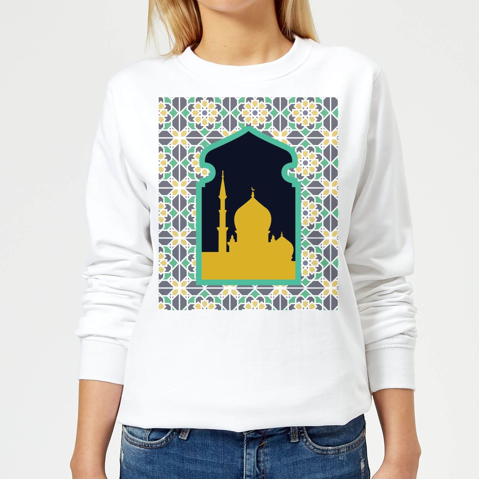 Eid Mubarak Earth Tone Print And Window Frame Women's Sweatshirt - White - XS - White