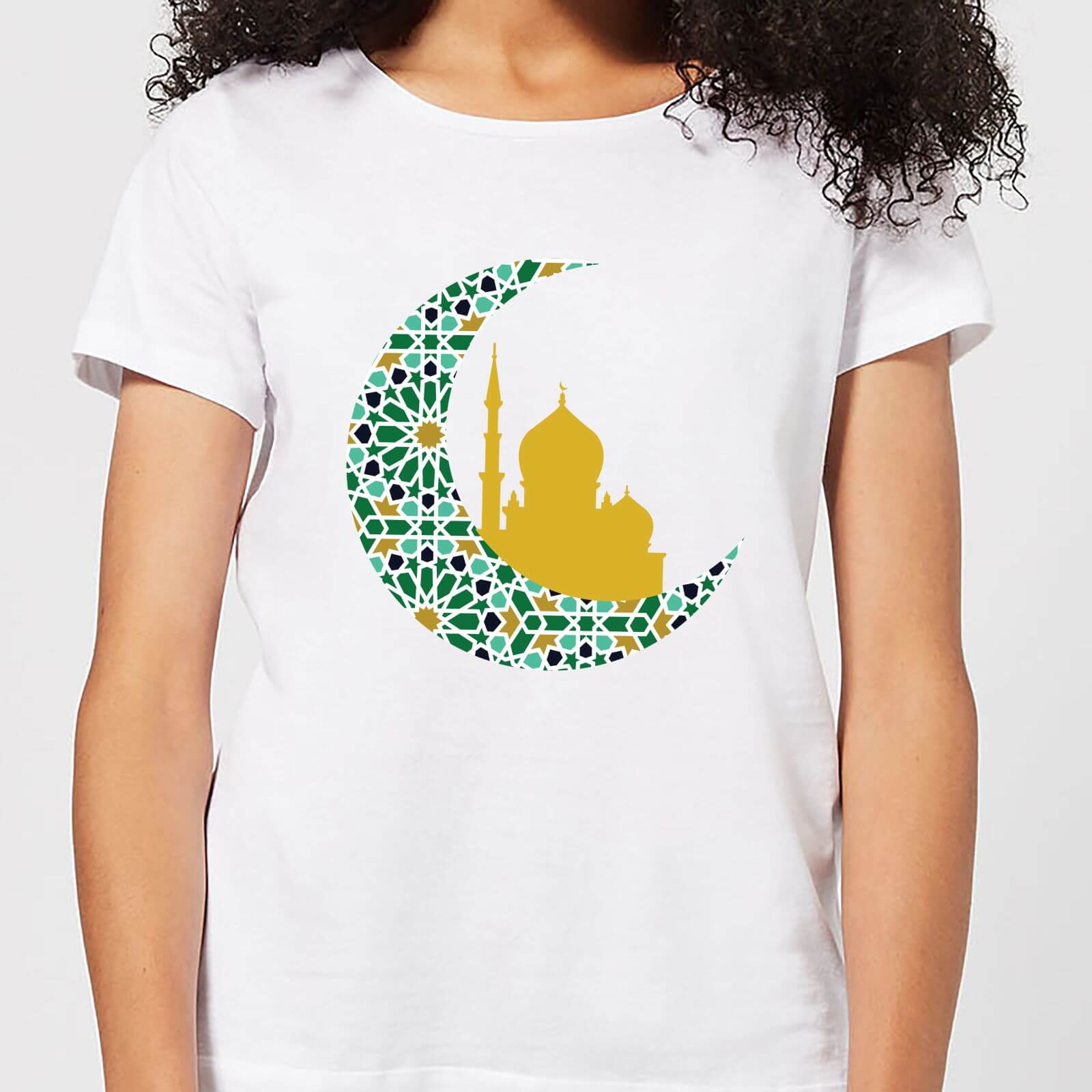 Eid Mubarak Patterned Moon And Golden Skyline Women's T-Shirt - White - S - White