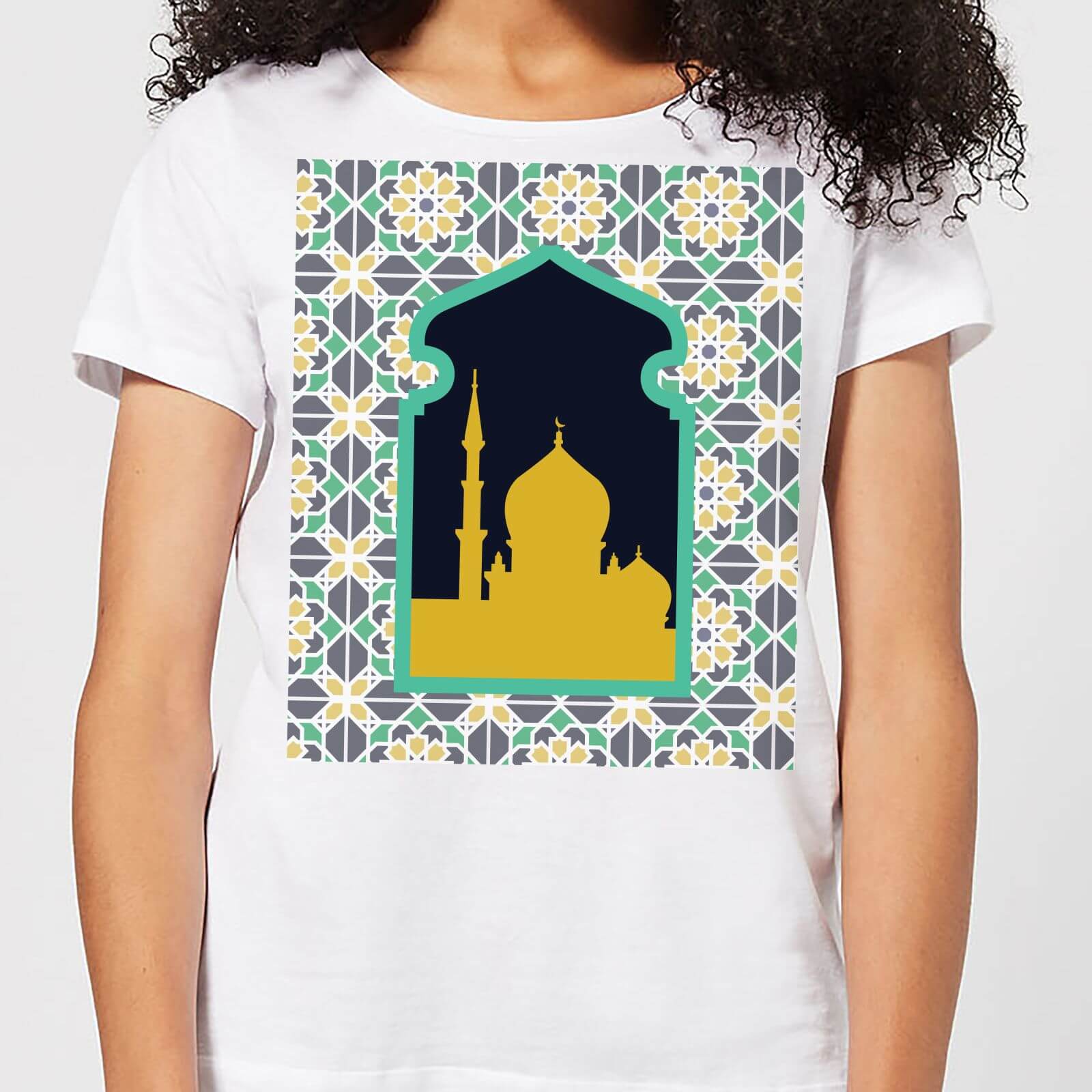 Eid Mubarak Earth Tone Print And Window Frame Women's T-Shirt - White - M - White