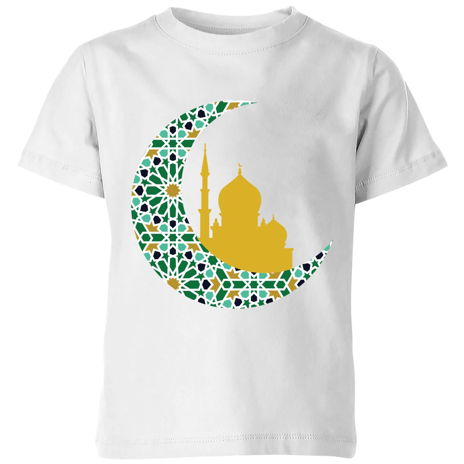 Eid Mubarak Patterned Moon And Golden Skyline Kids' T-Shirt - White - 5-6 Years - White