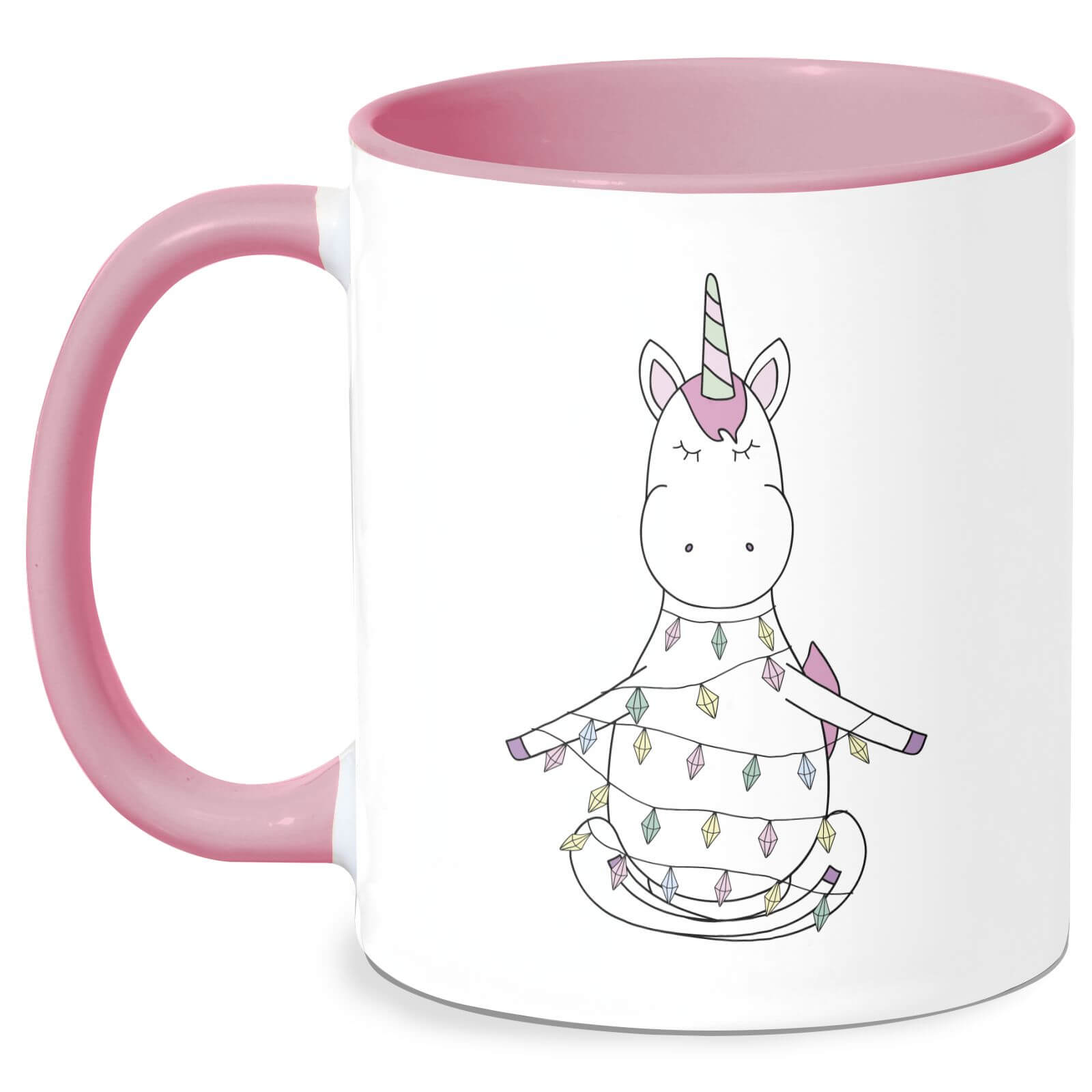Unicorn Wrapped In Christmas Lights Mug - White/Pink
