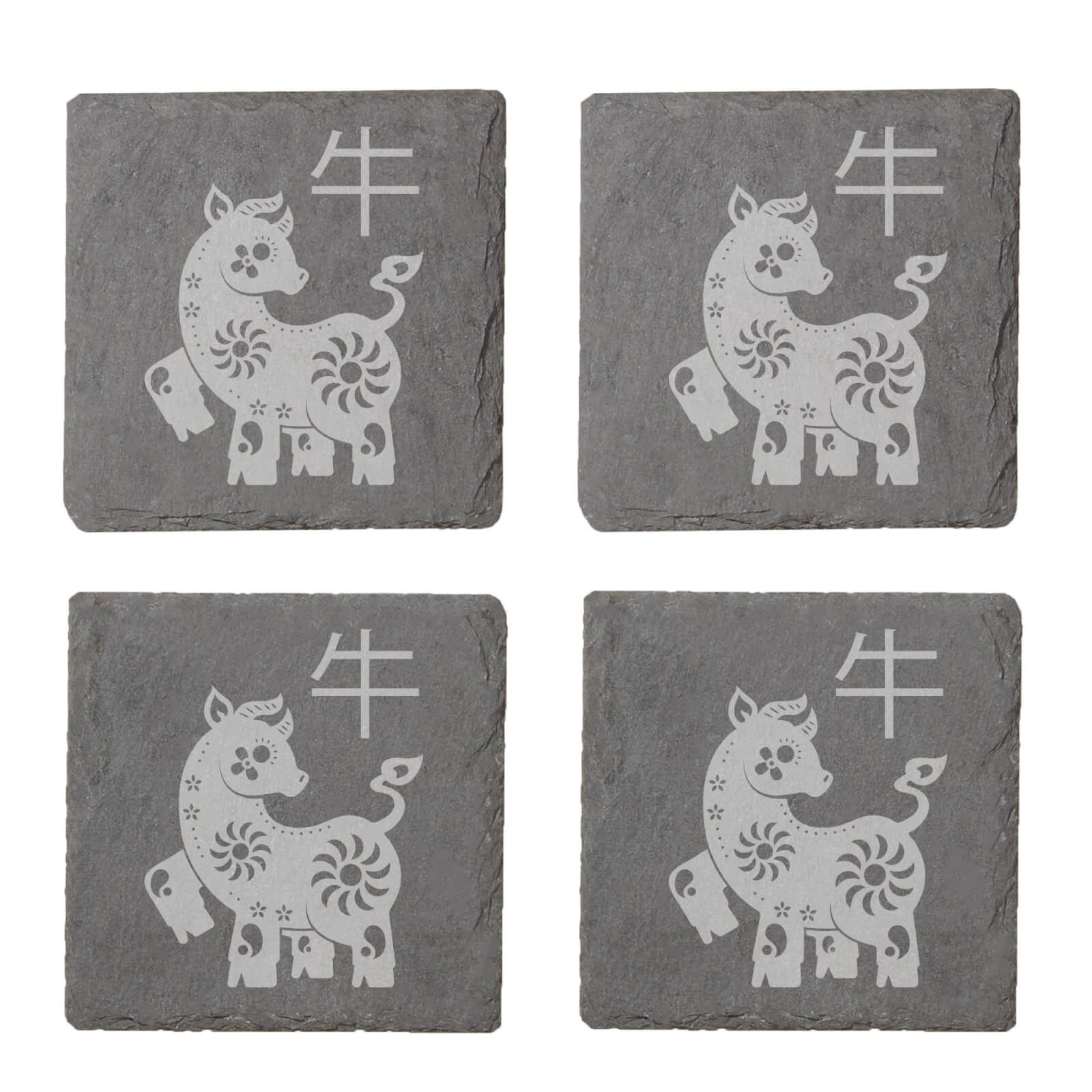 Chinese Zodiac Ox Engraved Slate Coaster Set