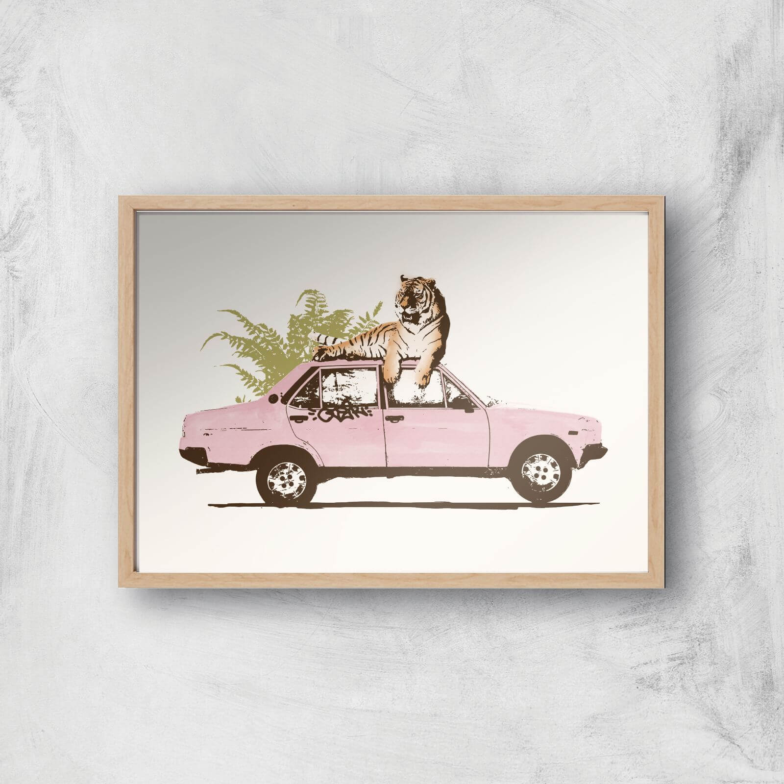 Tiger On Car Giclee Art Print - A4 - Wooden Frame