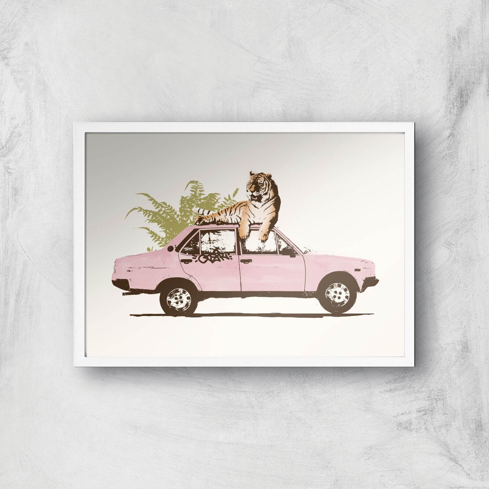 Tiger On Car Giclee Art Print - A3 - White Frame