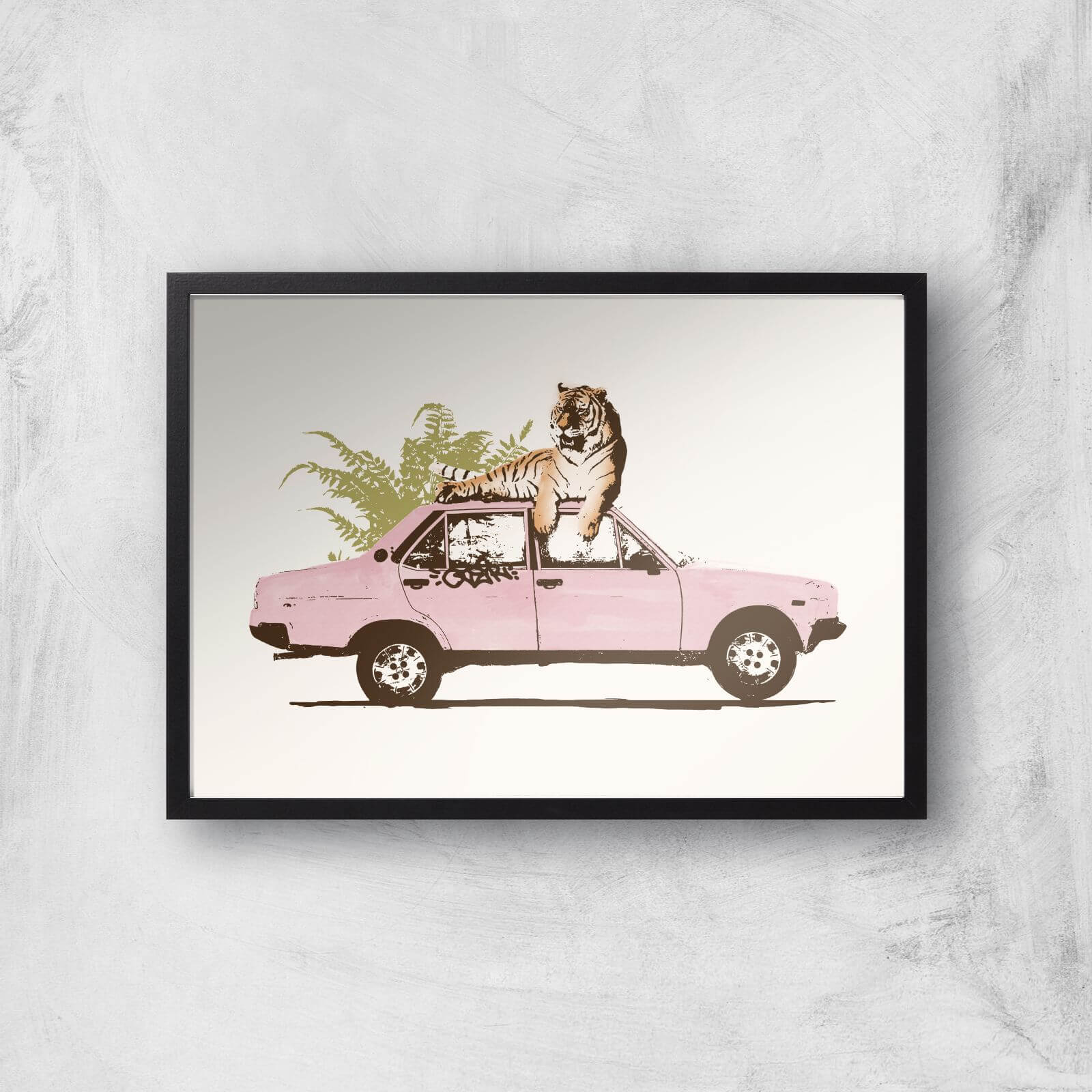 Tiger On Car Giclee Art Print - A2 - Black Frame