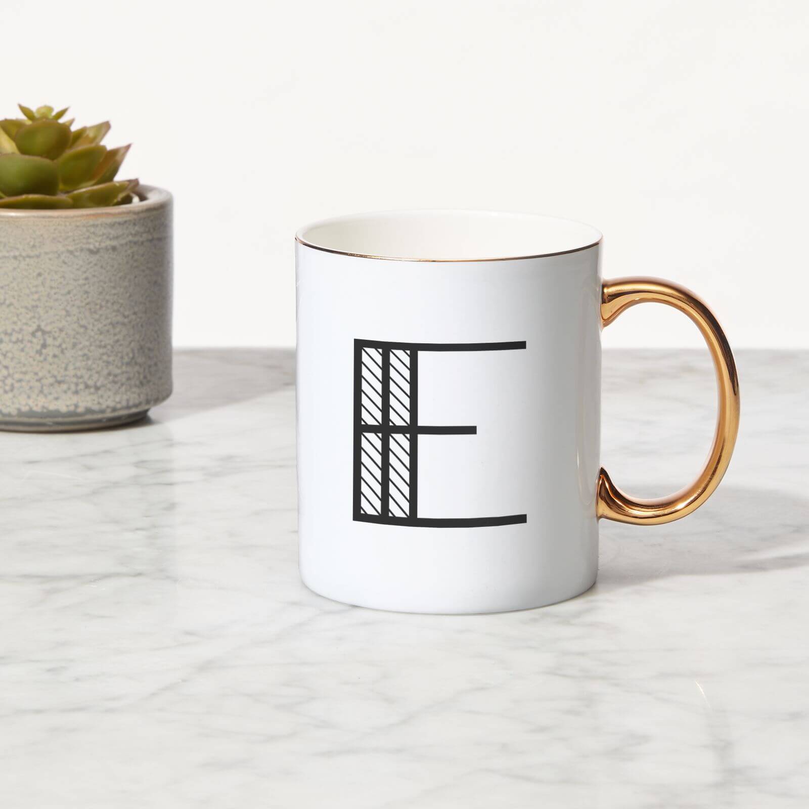 Stylised Letter Bone China Gold Handle Mug - E