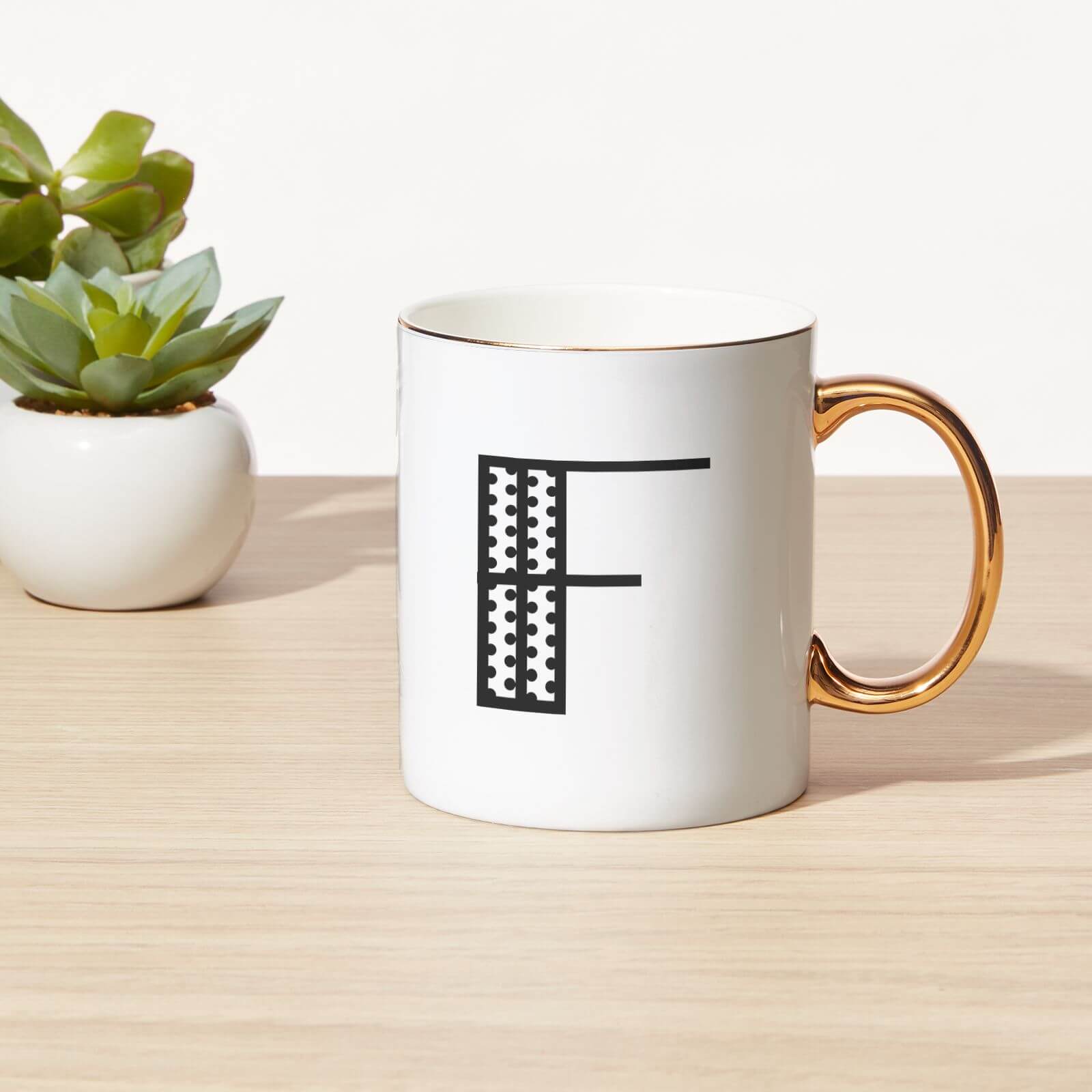 Stylised Letter Bone China Gold Handle Mug - F