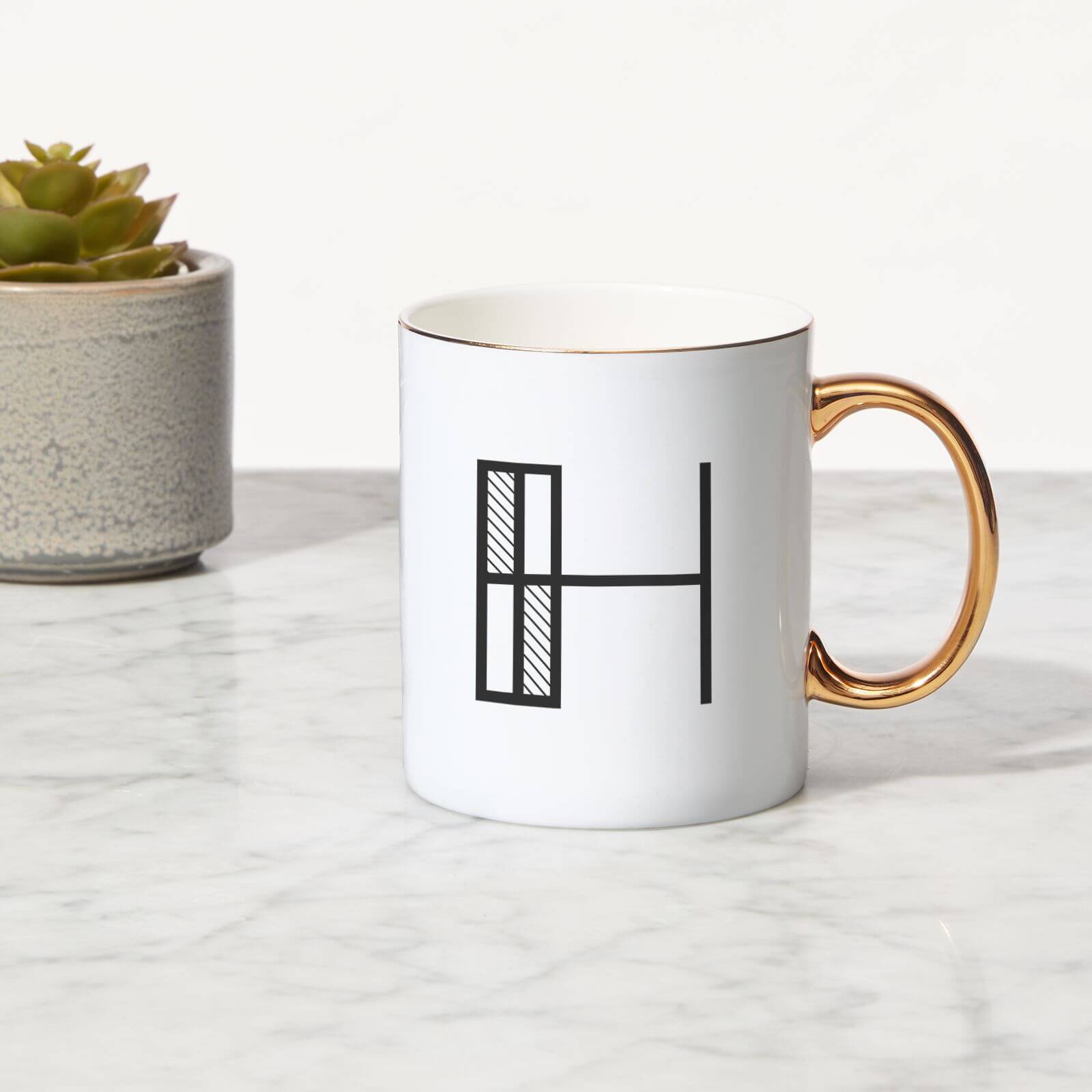 Stylised Letter Bone China Gold Handle Mug - H