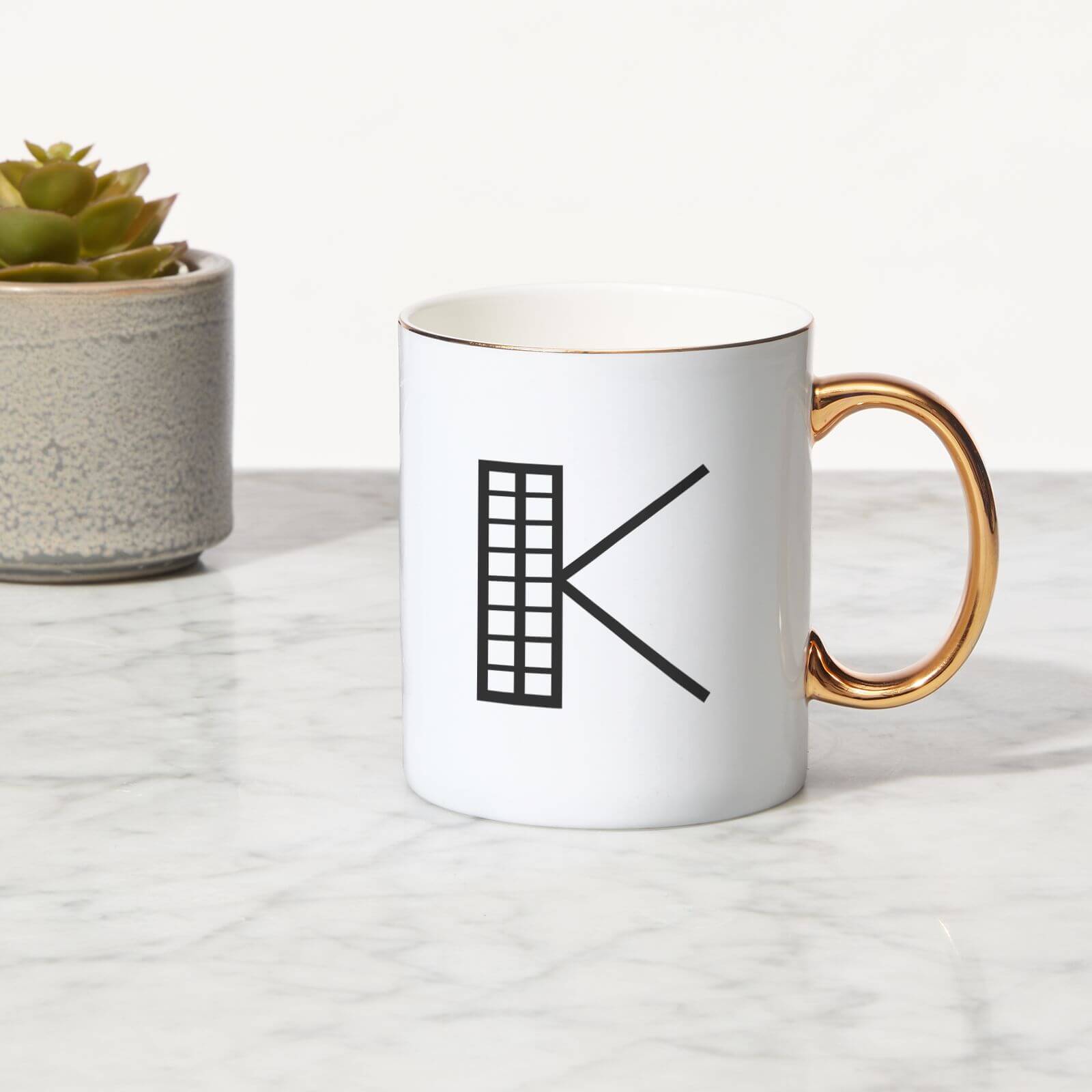 Stylised Letter Bone China Gold Handle Mug - K