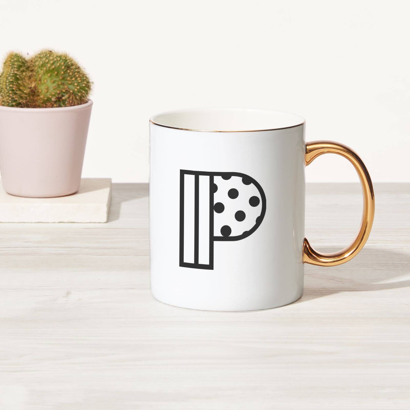 Stylised Letter Bone China Gold Handle Mug - P