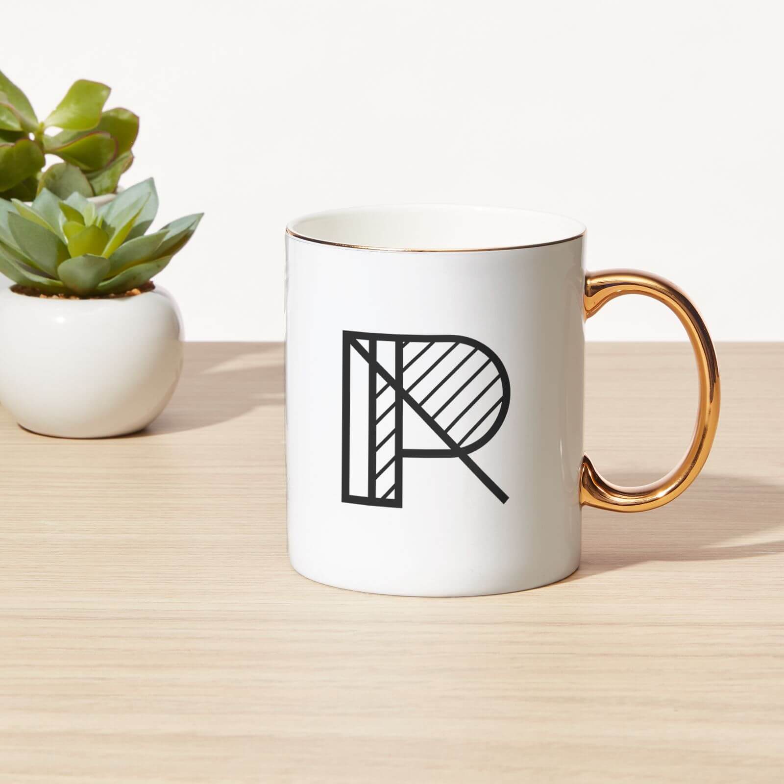 Stylised Letter Bone China Gold Handle Mug - R
