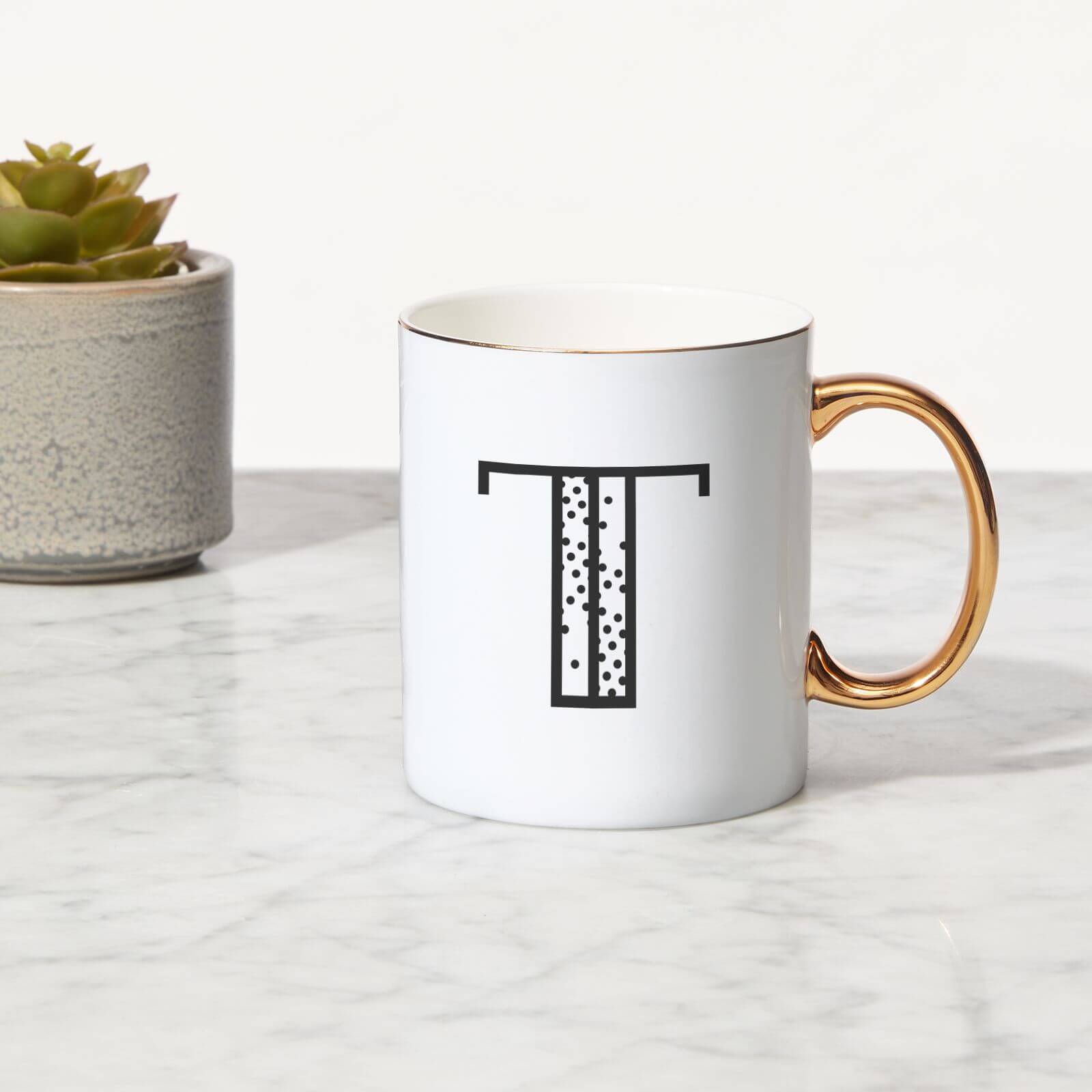 Stylised Letter Bone China Gold Handle Mug - T