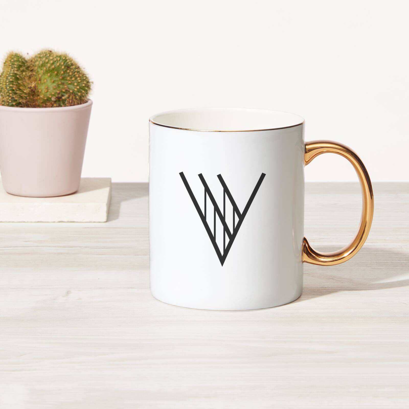 Stylised Letter Bone China Gold Handle Mug - V