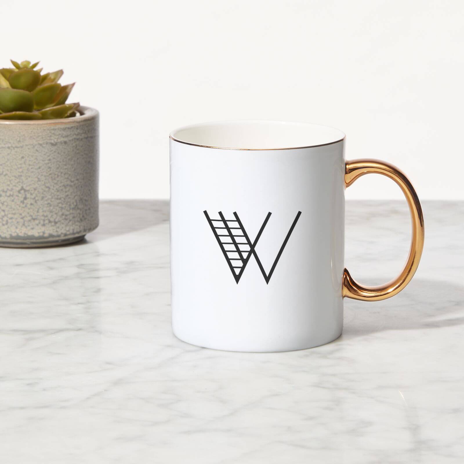 Stylised Letter Bone China Gold Handle Mug - W