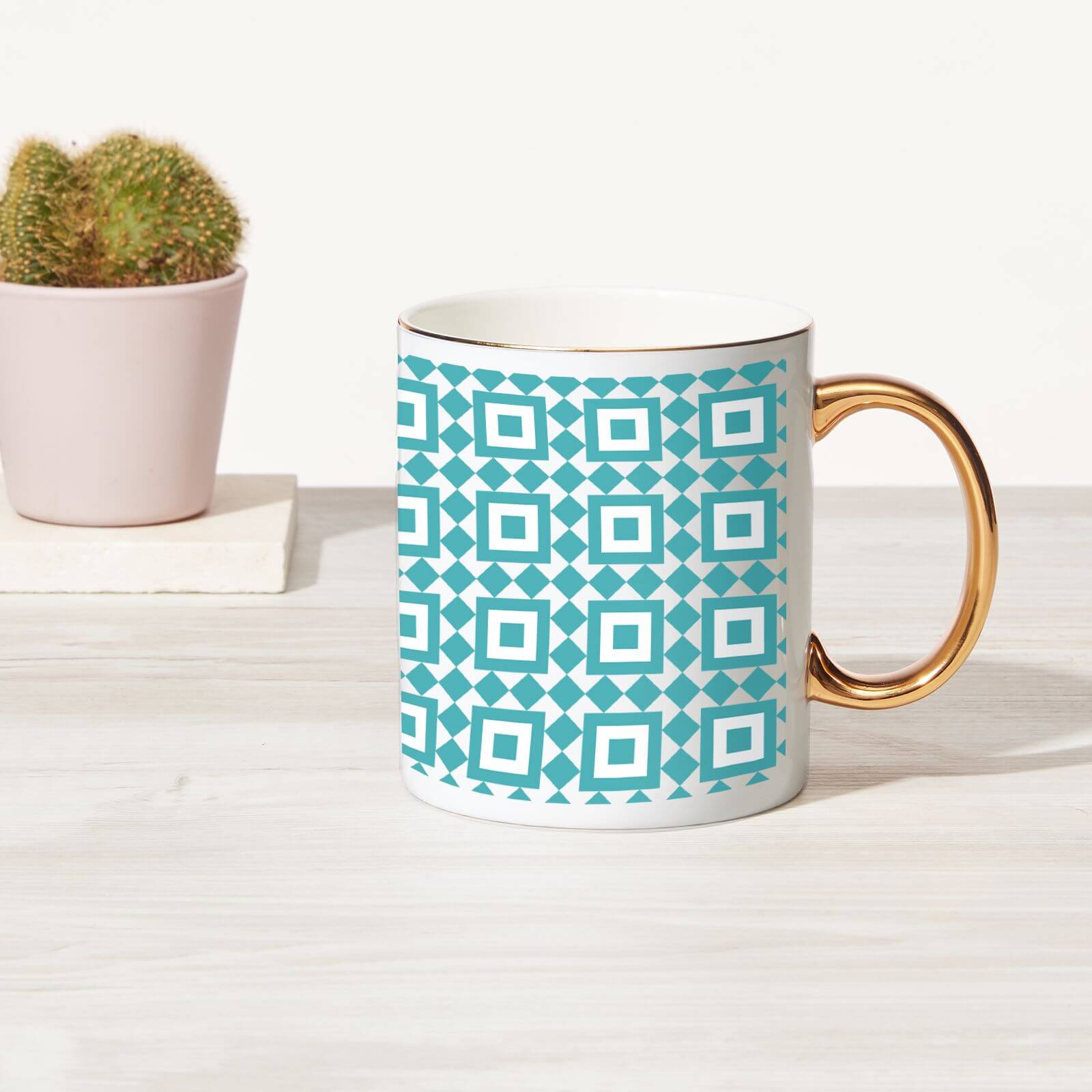 Squares And Circle Tile Bone China Gold Handle Mug