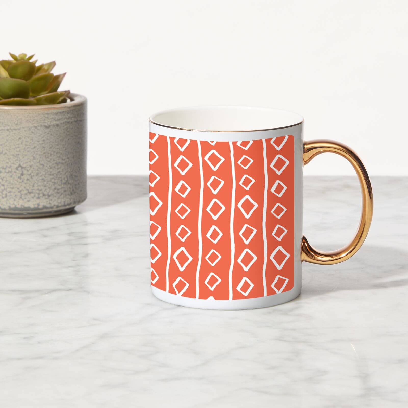 Lines And Diamonds Bone China Gold Handle Mug