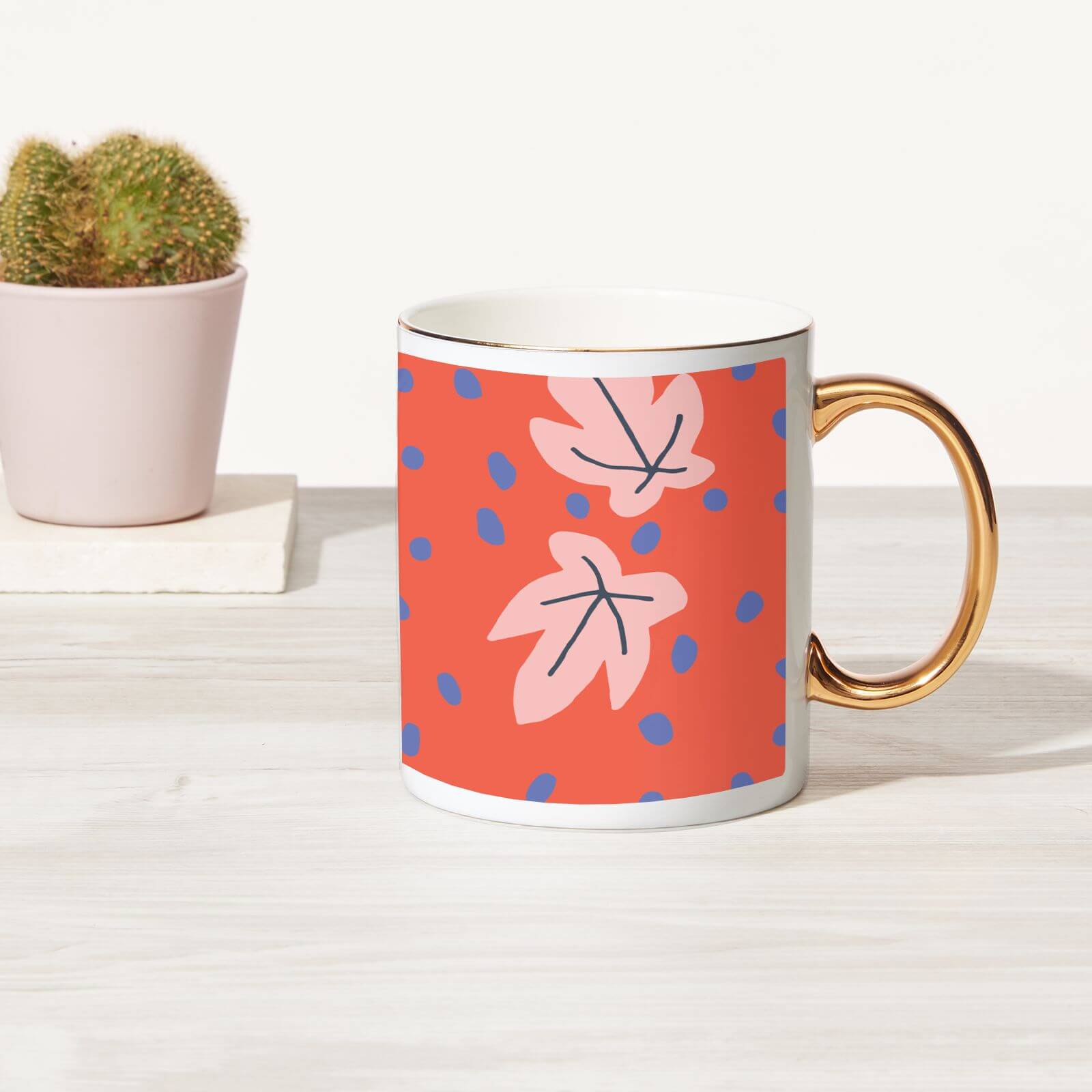 Large Leaves Bone China Gold Handle Mug